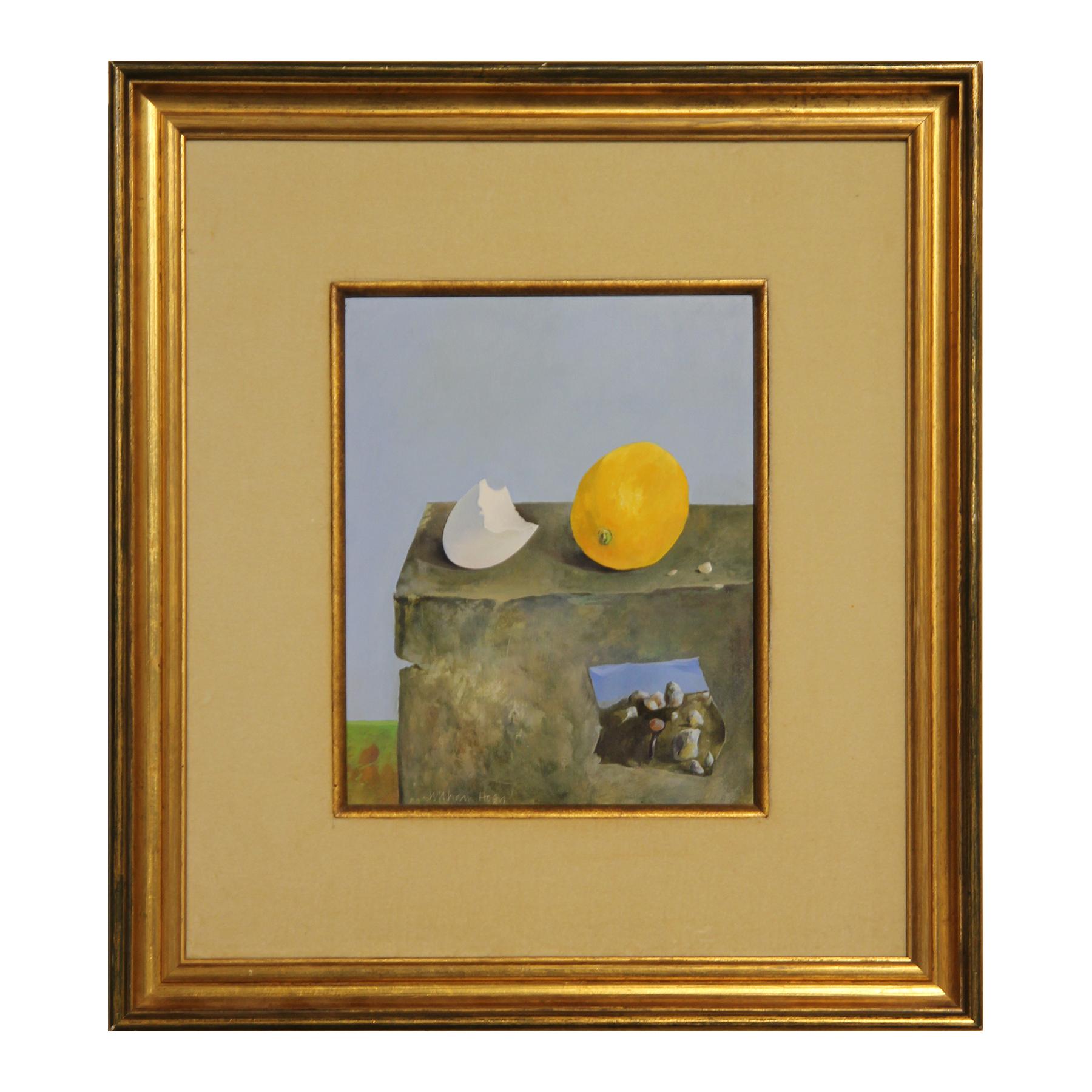 William Hoey Abstract Painting - Surrealist Still Life of Eggshell and Lemon Landscape Gouache Painting