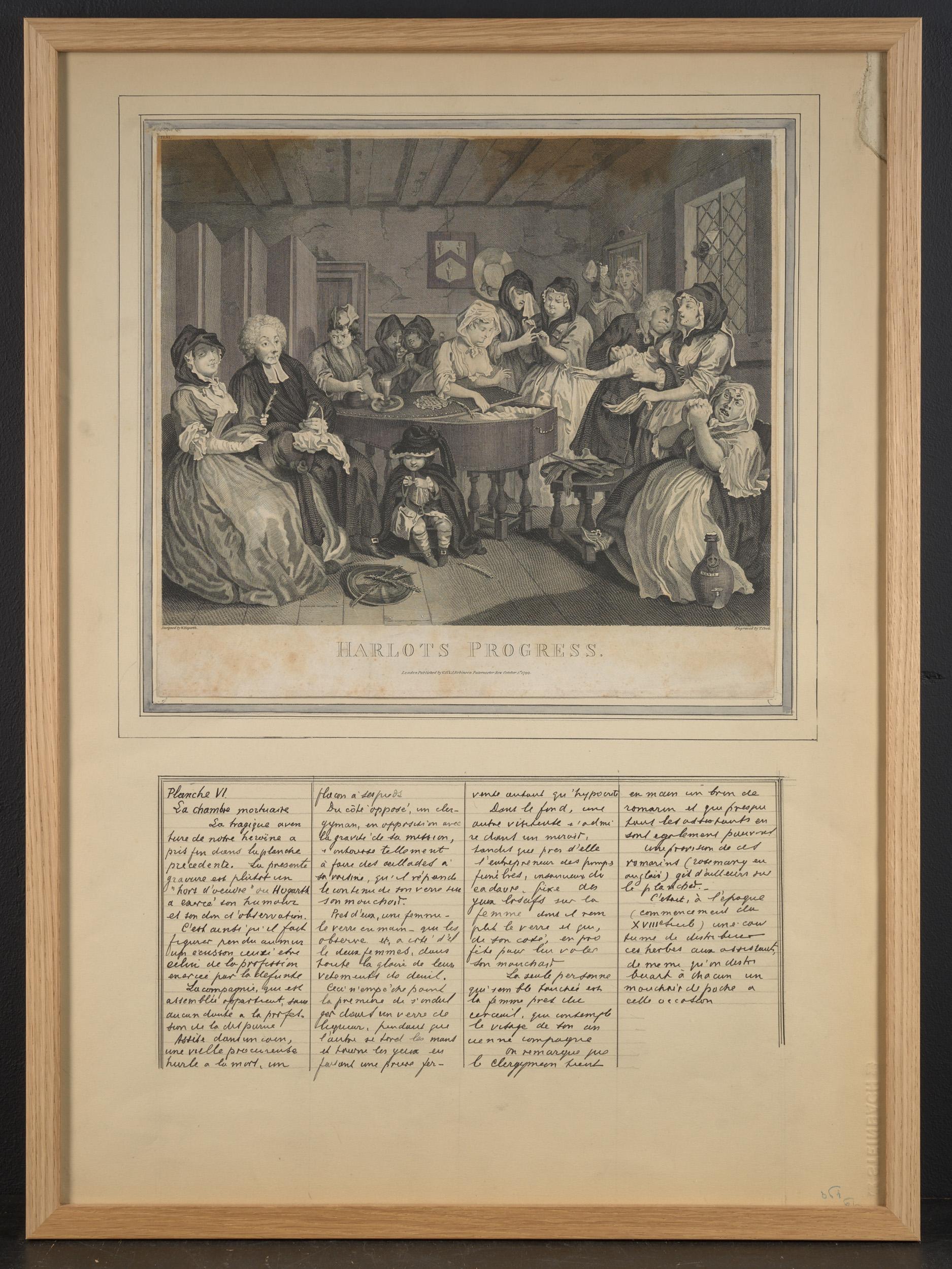 Hand-Painted William Hogarth, Harlot's Progress, Litographs with French Comments For Sale