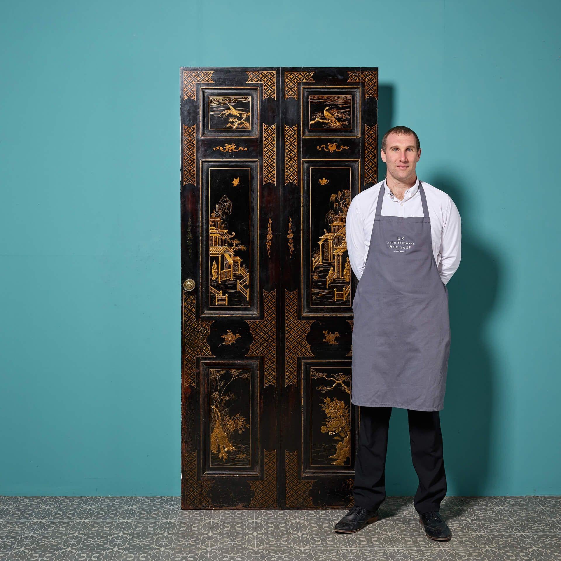 A highly decorative rare black Chinoiserie door dating to circa 1750, reclaimed from the London home of the great painter William Hogarth.

With its 6 panels to one side and angular proportions, this impressive Japanned mahogany door looks as at