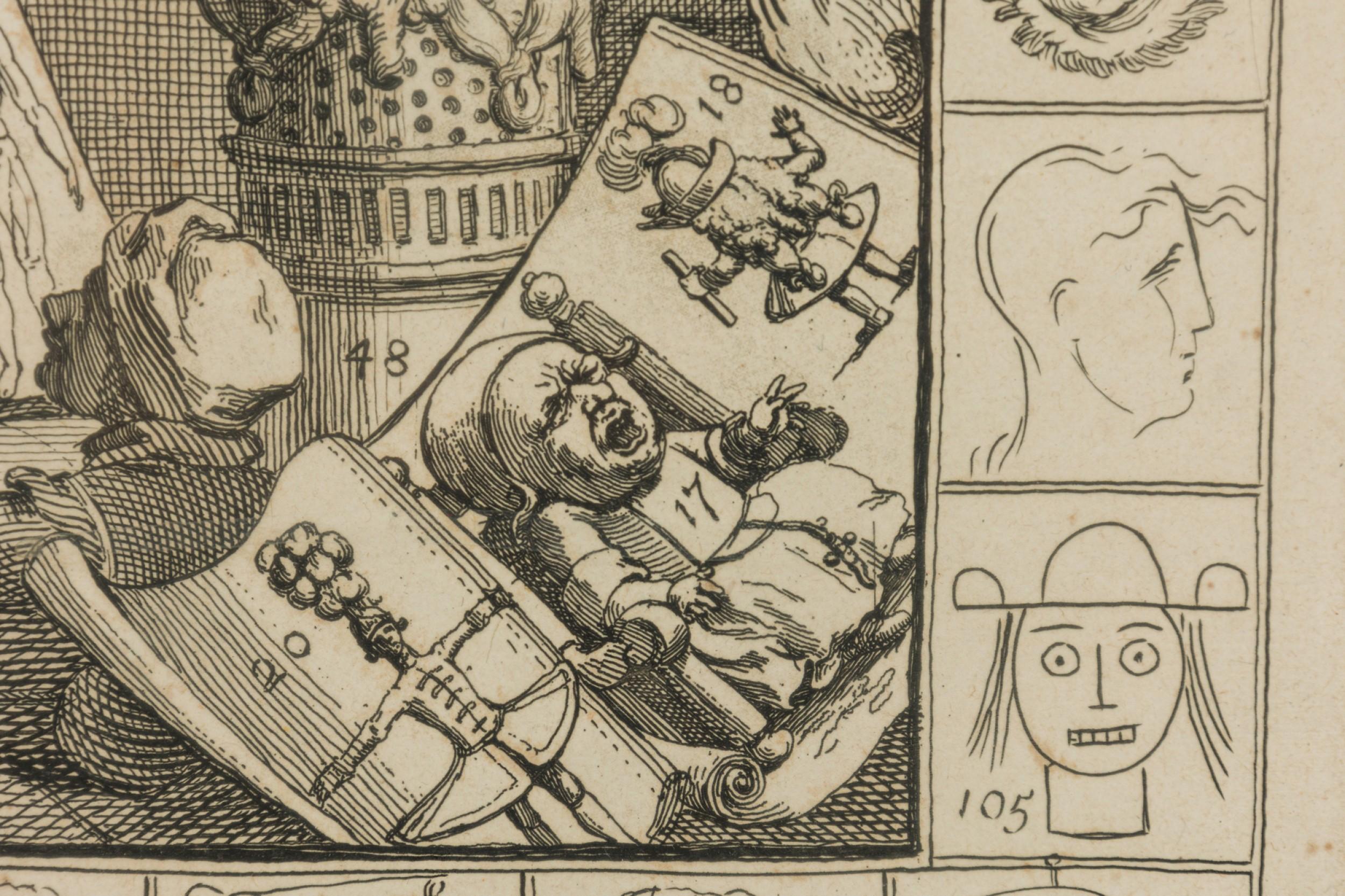 English Georgian print of a scene with models and sculpture of classic figures in a black and gold trim frame (titled: Analysis of Beauty-Plate I) (after William Hogarth) (companion to REG9018A