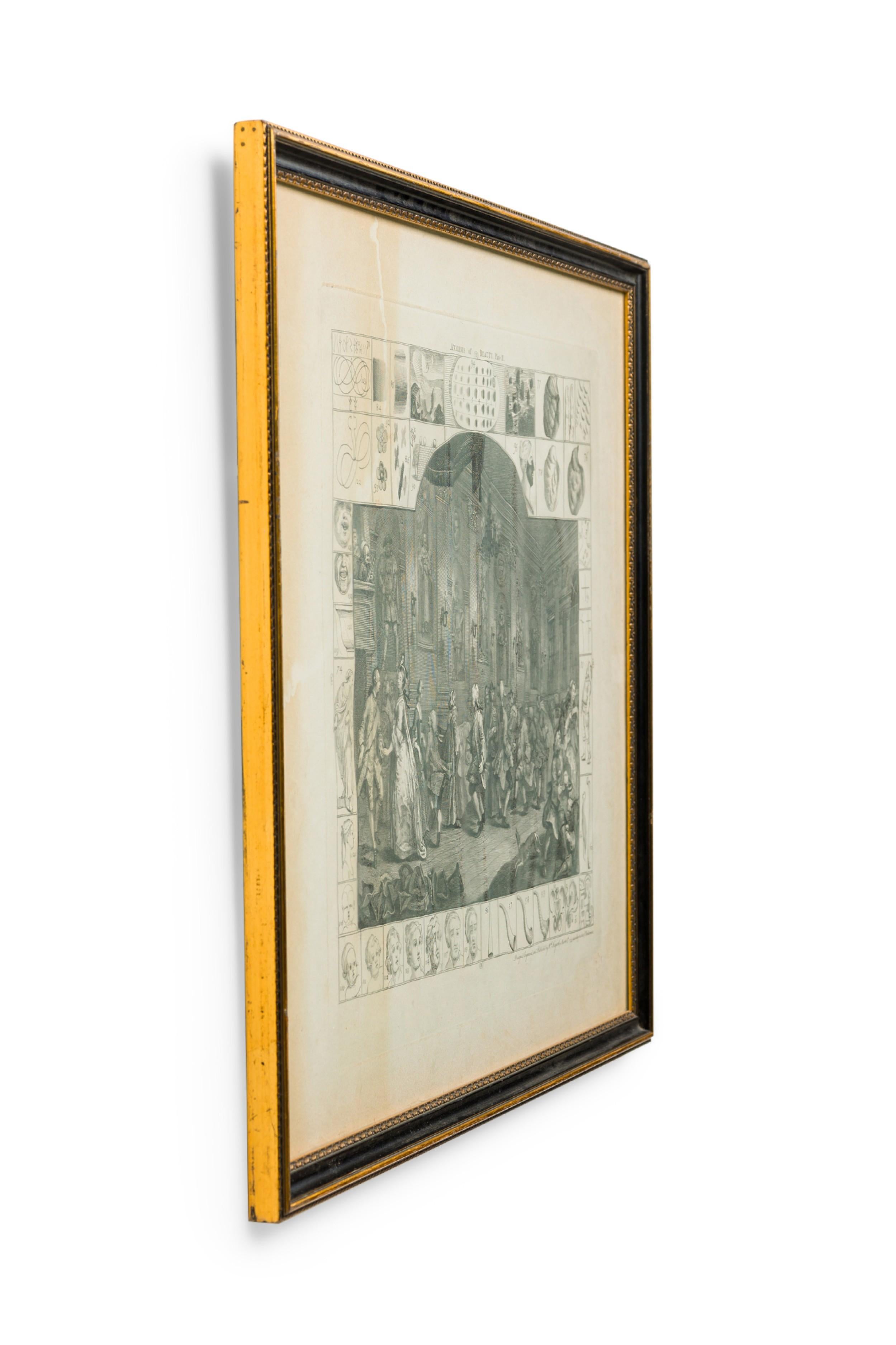 Englischer georgianischer Druck einer Szene mit Modellen und Skulpturen klassischer Figuren, die in der Mitte ein Bild von Menschen zeigen, die in einem Kreis in einem Landhaus tanzen  (mit dem Titel: Analyse der Schönheitstafel II) (nach William