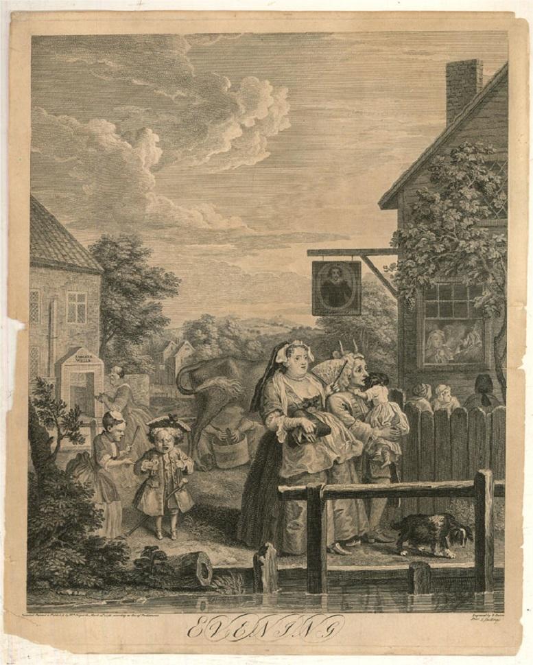 The third plate of a set of four Times of Day, derived from paintings made by William Hogarth in 1736-7 (reversing the images in the process) and published by Hogarth in 1738. The corresponding painting is in a private collection. This print is a