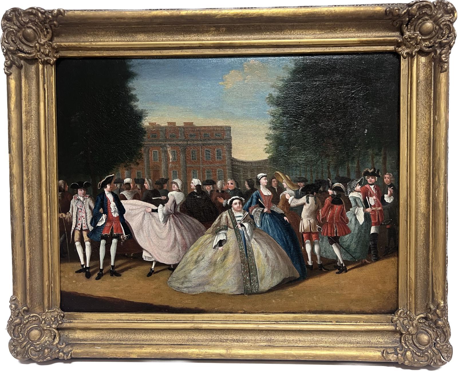 18th Century English Stately Home Figures Partying in Garden Very Rare Oil  - Painting by William Hogarth