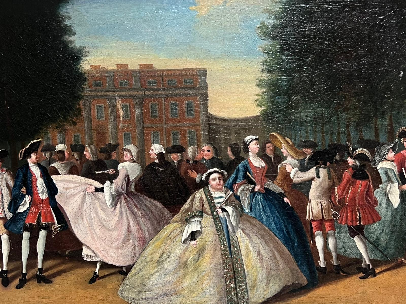 Figures outside a Stately Home
English School, circle of William Hogarth (British 1697-1764)
oil painting on canvas, framed
framed: 24 x 30 inches
canvas: 19 x 25 inches
provenance: private collection, England
condition: very good and sound