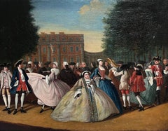 18th Century English Stately Home Figures Partying in Garden Very Rare Oil 