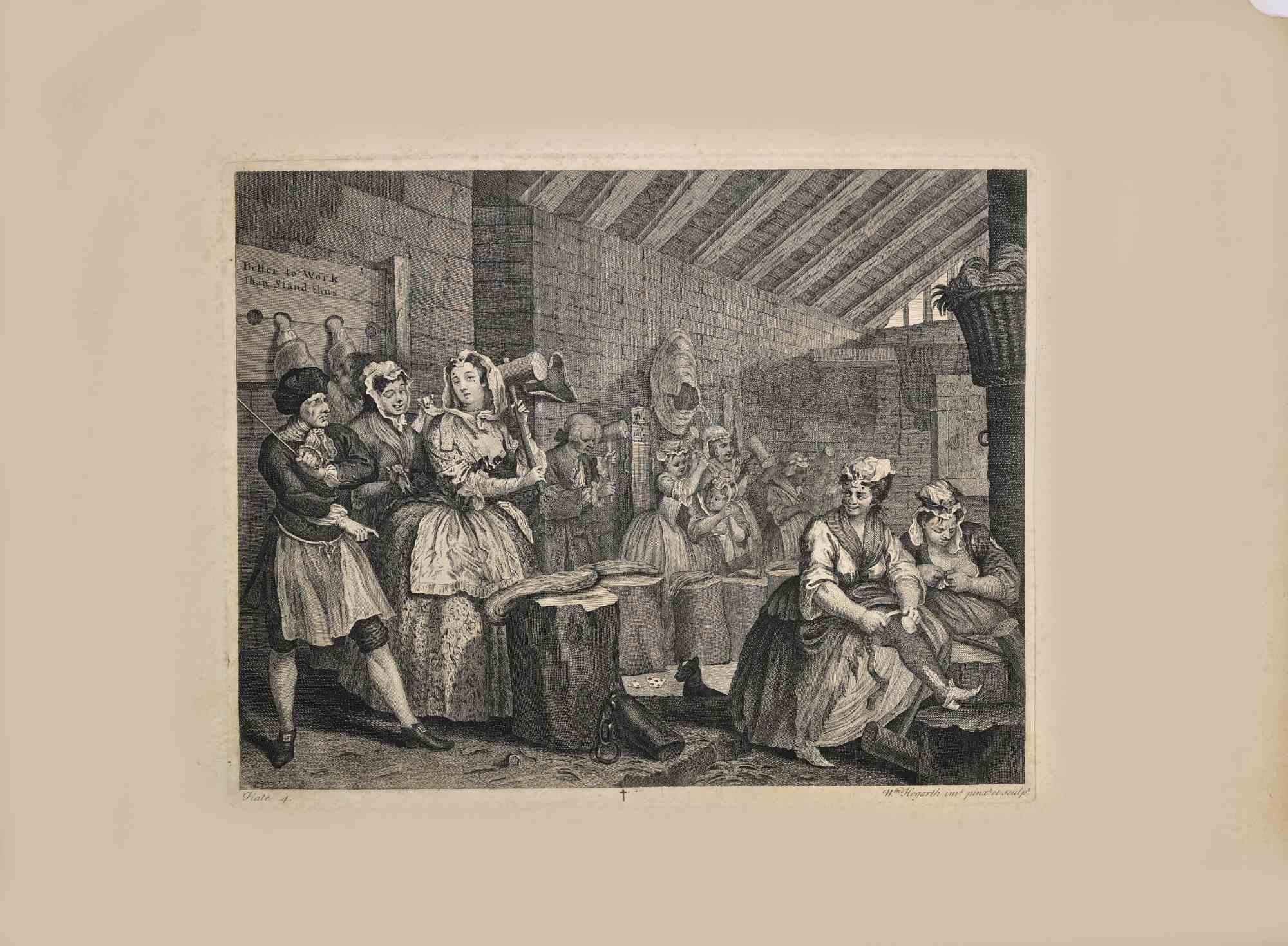 A Harlot's Progress is an etching print realized after William Hogarth in 1732

Signature on the plate on the lower right.

Good conditions, with some foxing.

A Harlot's Progress" is a series of six prints by William Hogarth, published in April