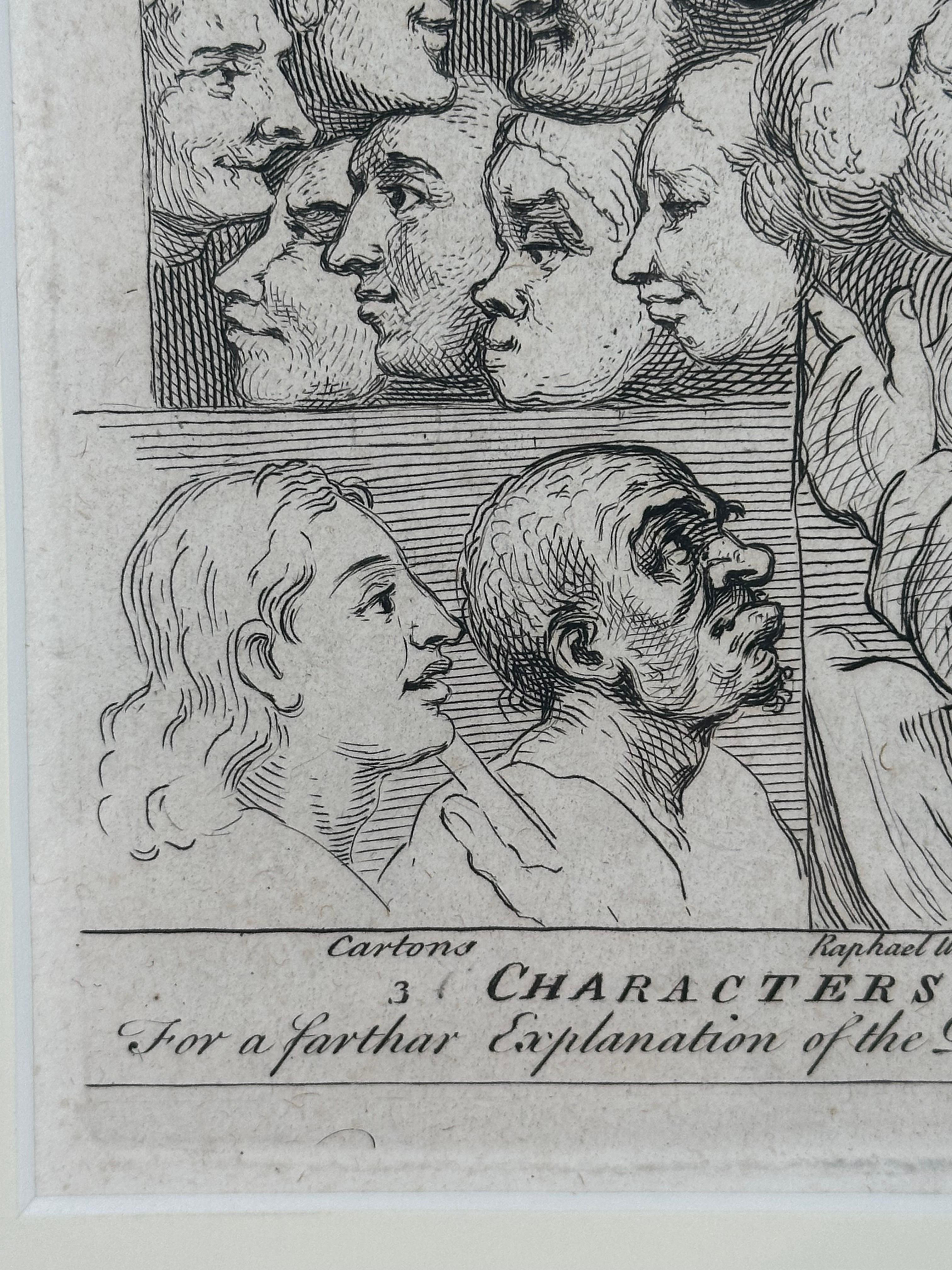 William Hogarth (1697-1764).

Character vs. Charicature, 1743.

Engraving on laid paper, plate measuring 8.25 x 9.25 inches. Framed measurement: 16.25 x 20.25 inches.

Characters and Caricaturas is an engraving by English artist William Hogarth that