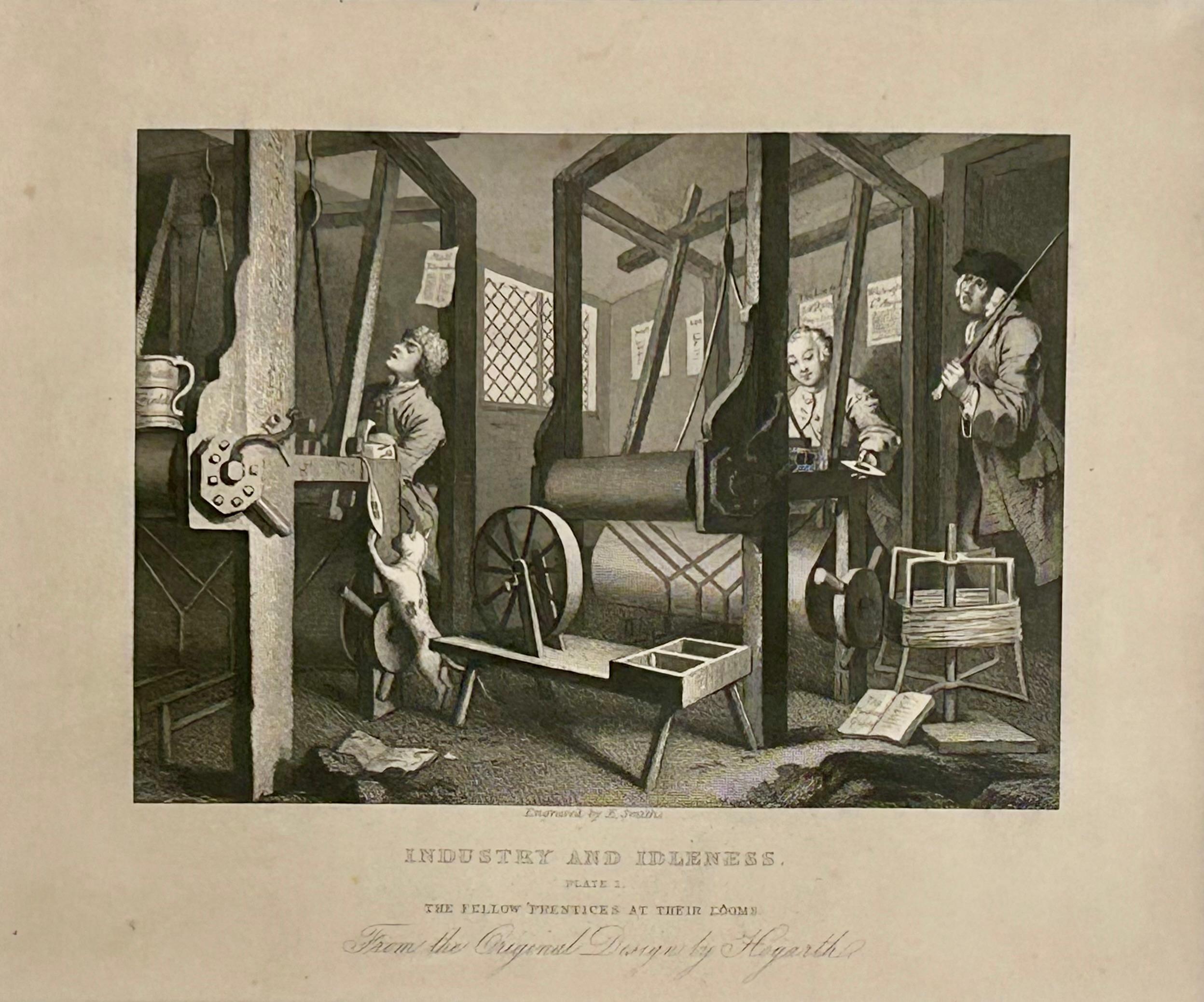 Industry and Idleness Plate 1:  The Fellow 'Prentices at their Looms - Print by William Hogarth