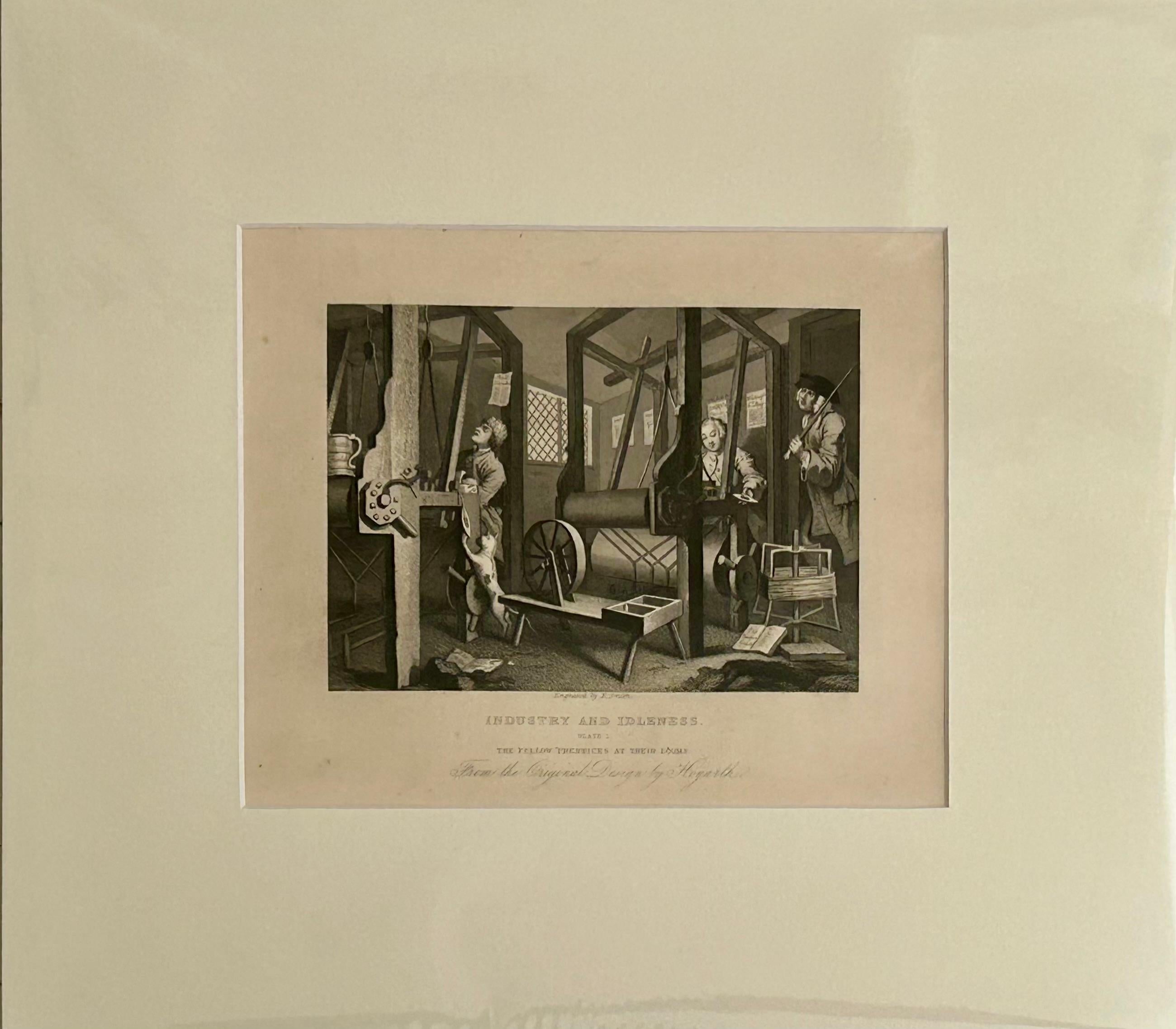 Industry and Idleness Plate 1:  The Fellow 'Prentices at their Looms - Beige Figurative Print by William Hogarth