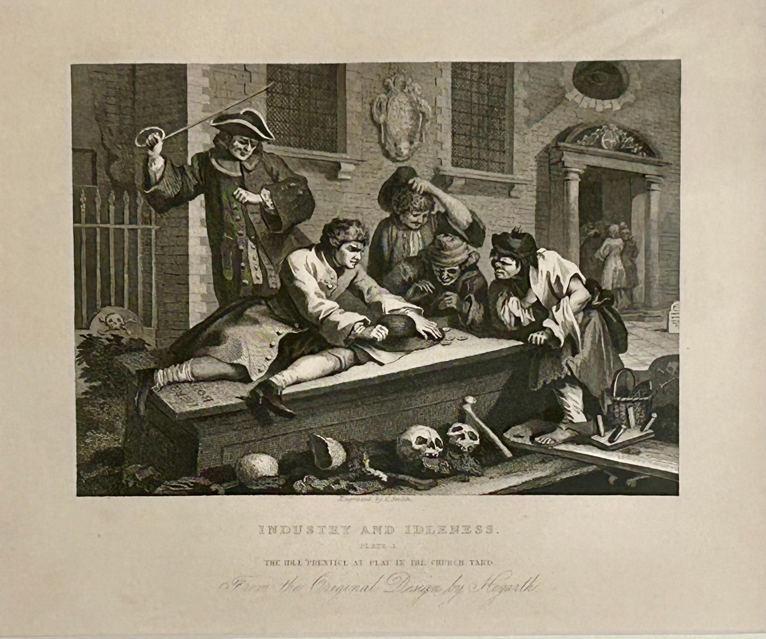William Hogarth Figurative Print - Industry and Idleness Plate 3: The Idle 'Prentice at Play In The Church Yard