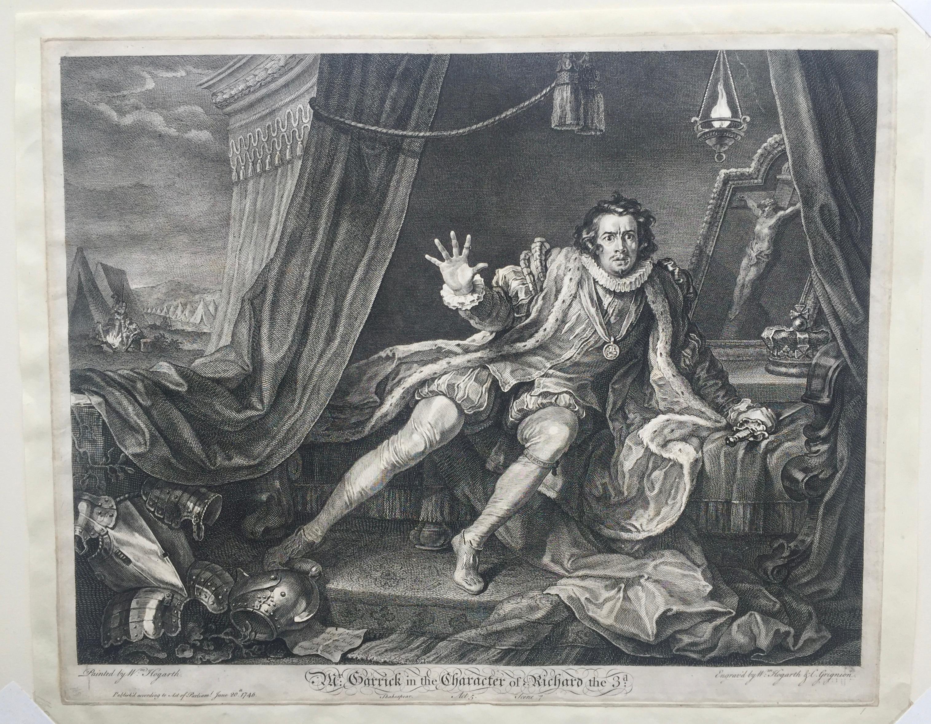 WILLIAM HOGRTH (1697 - 1764)

MR. Garrick dans le personnage de Richard III (Shakespear Acte 5 Scène 7) 
(Paulson 1970.165 ii/ii ; Paulson 1989.165 ii/ii ;, Dobson et Armstrong p. 207)
Eau-forte et gravure, en bas à gauche Peint par Wm Hogarth en