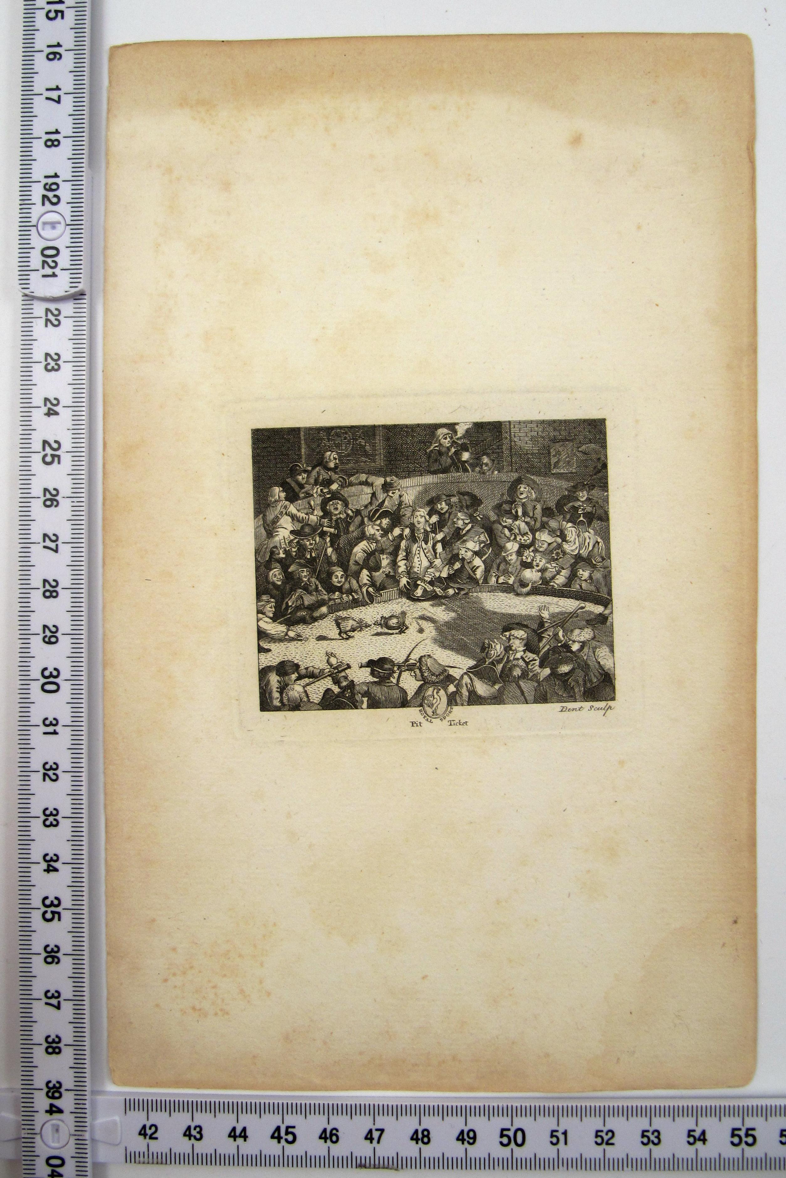 Nach William Hogarth
(Britisch, 1697-1764)

Royal Sports PIT TICKET

- •	Kupferstich von William Dent (Brite), tätig von 1783 bis 1793
- •	Bezeichnet unten rechts: Dent sculp
- •	Platte ca. 7,6 x 9,1cm
- •	Bild ca. 6,3 x 7,9 cm
- •	Blatt ca. 23,5 x