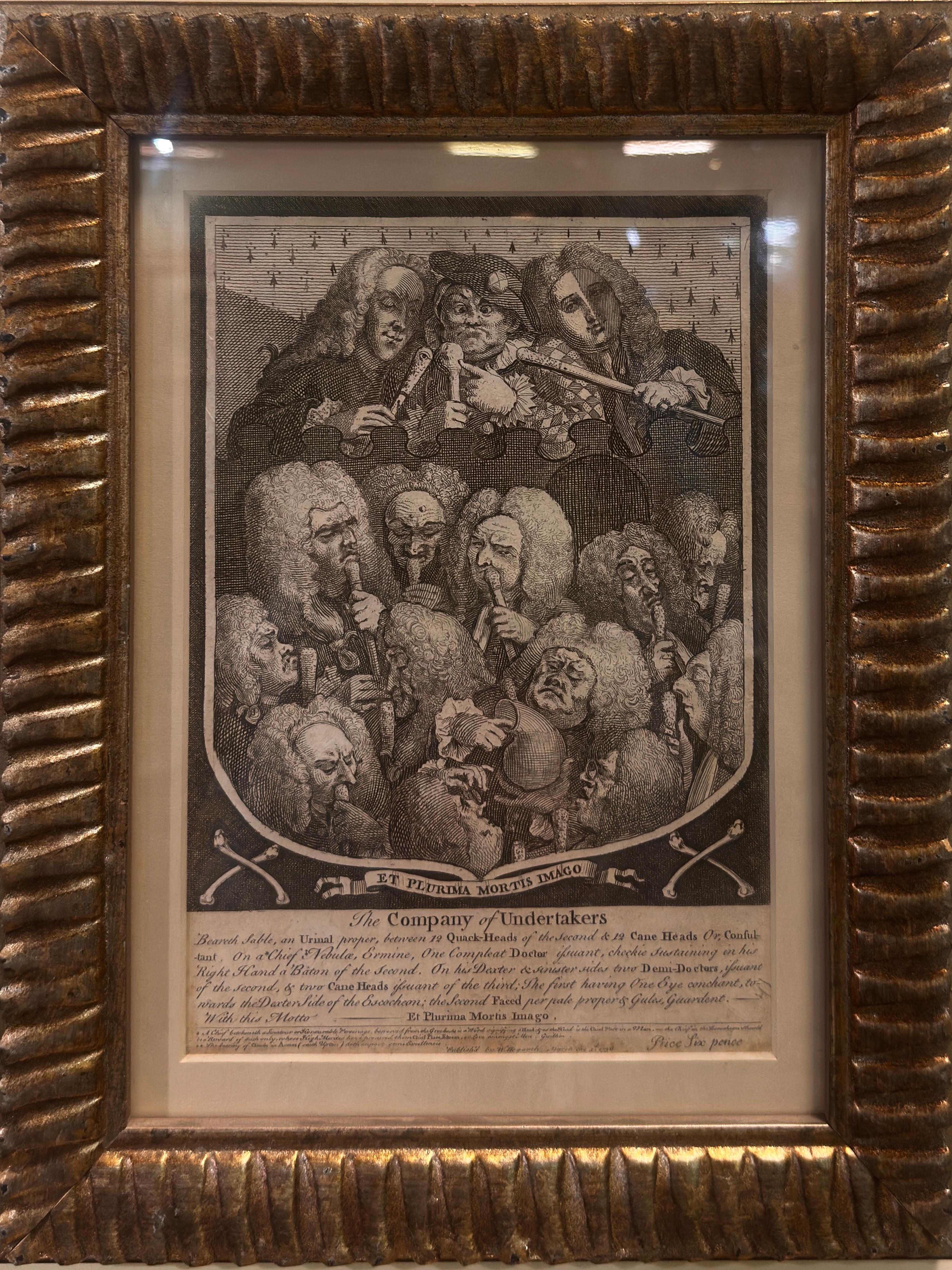 Measurements 
Engravings 10.5 x 7 inches sight
Framed 14.875 x 11.5 inches 

The Company of Undertakers (1737) is a satirical print by William Hogarth that mocks the medical profession of his time. The print depicts a group of doctors and quack
