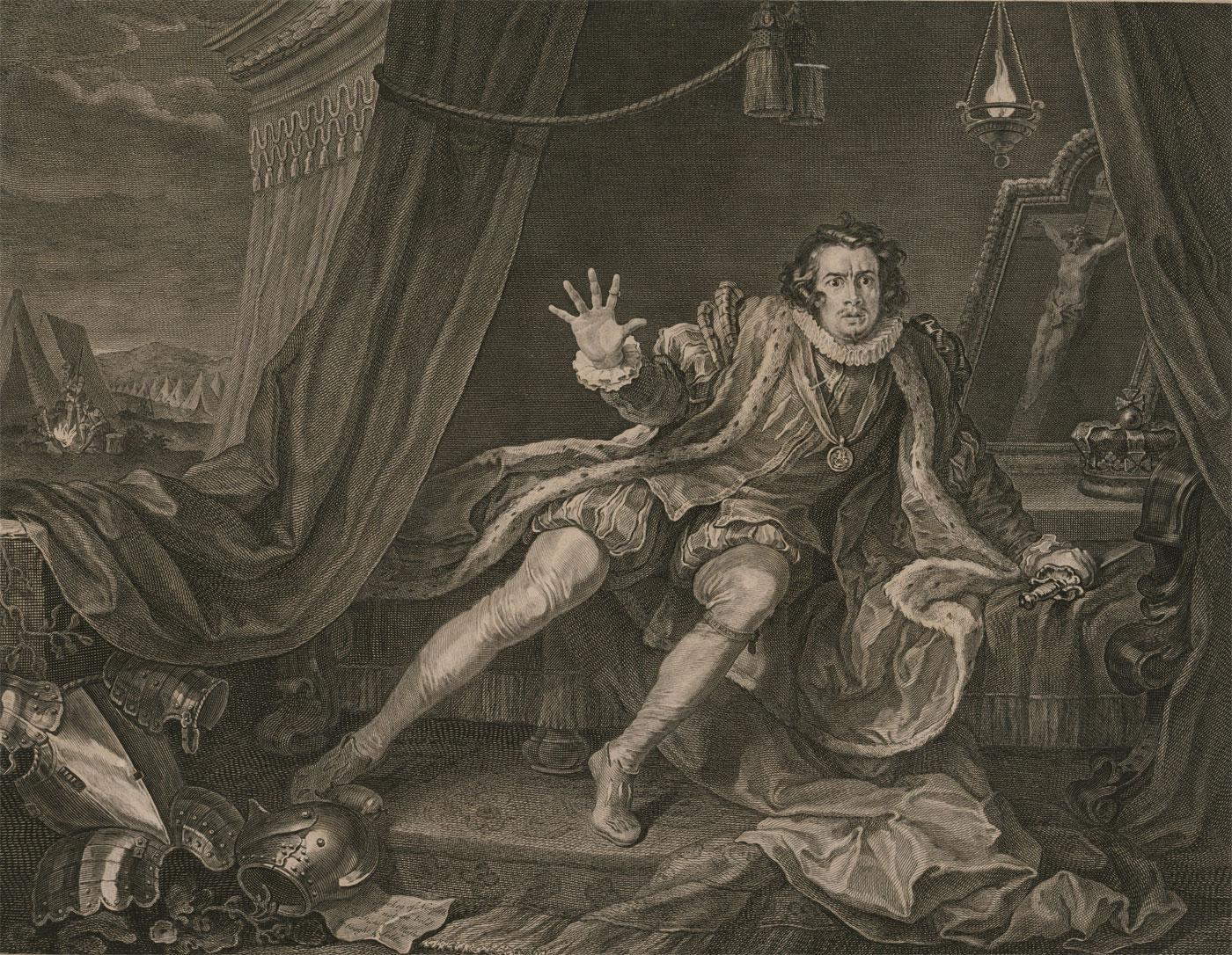 A very fine 18th century copper plate engraving from William Hogarth and Charles Grignion (1721–1810). Hogarth depicts his close friend, the actor David Garrick, as Richard III waking from a vision of the ghosts of those he murdered to attain the