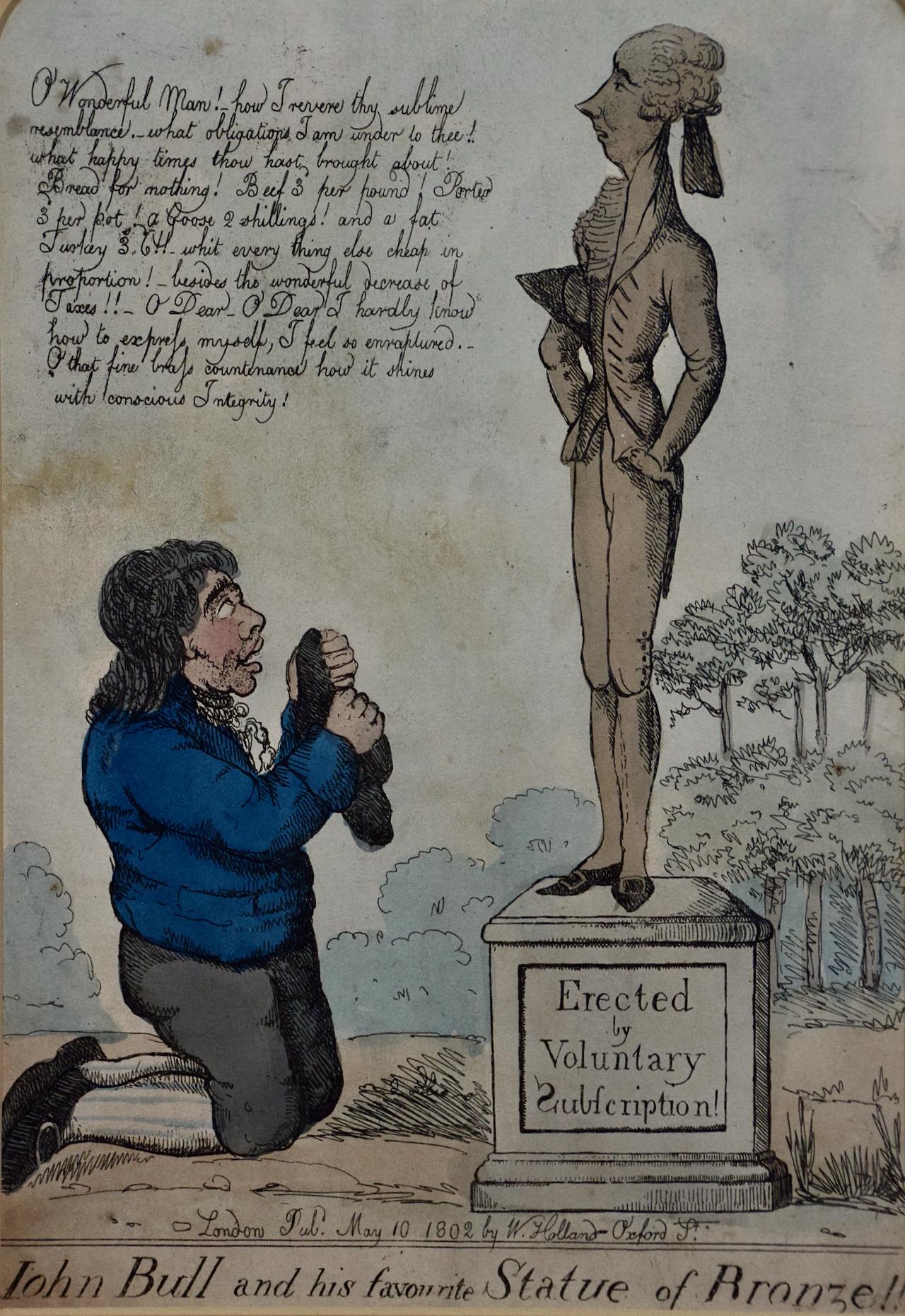 An early 19th C. satirical etching of John Bull kneeling before William Pitt - Print by William Holland