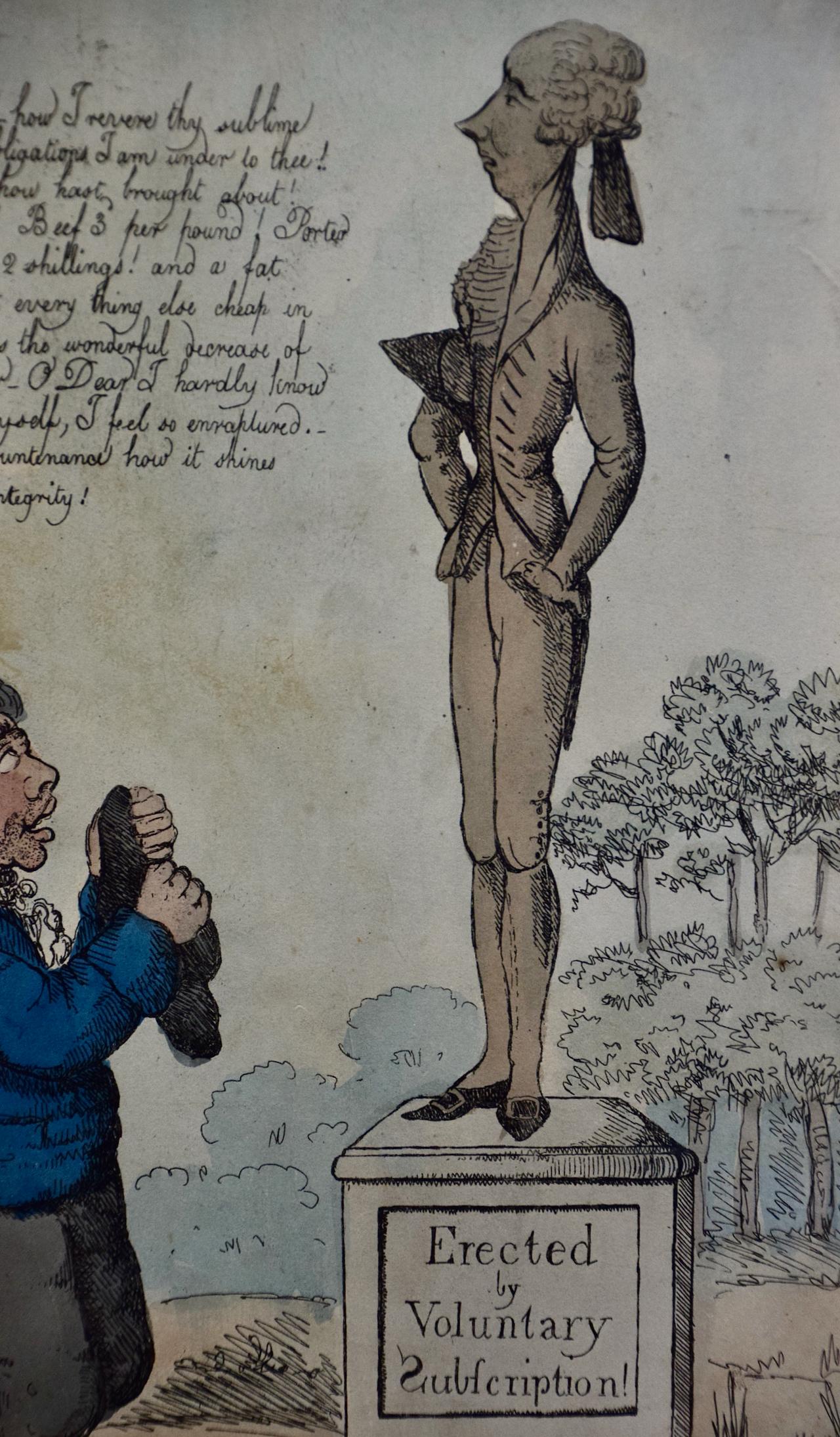 An early 19th C. satirical etching of John Bull kneeling before William Pitt - Brown Landscape Print by William Holland
