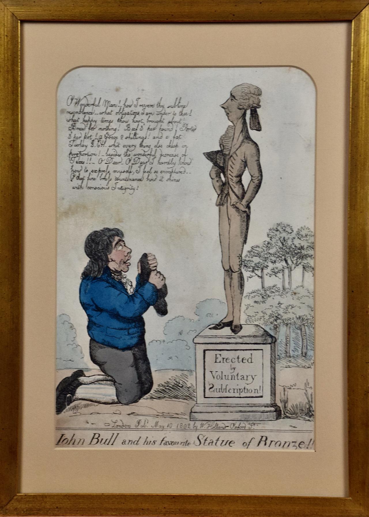 Satirische Radierung von John Bull, der vor William Pitt kniet, aus dem frühen 19. Jahrhundert