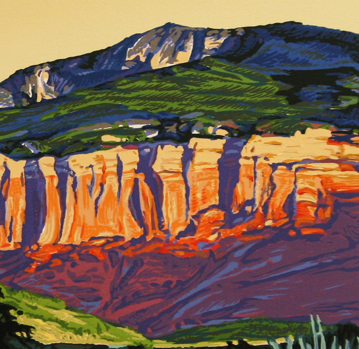     Chama Canyon is a limited edition hand-pulled serigraph no. 225 /260 in excellent condition. It is signed in pencil and published by Aspen Mountain Graphics. sheet size 14 x 18 image 12 x 16
   For American artist William Hook ( b. 1948- ) art