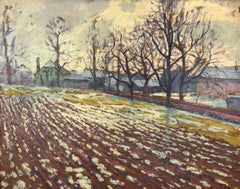 Melting Snow in Ploughed Field.  American Impressionist Painting Winter Scene.