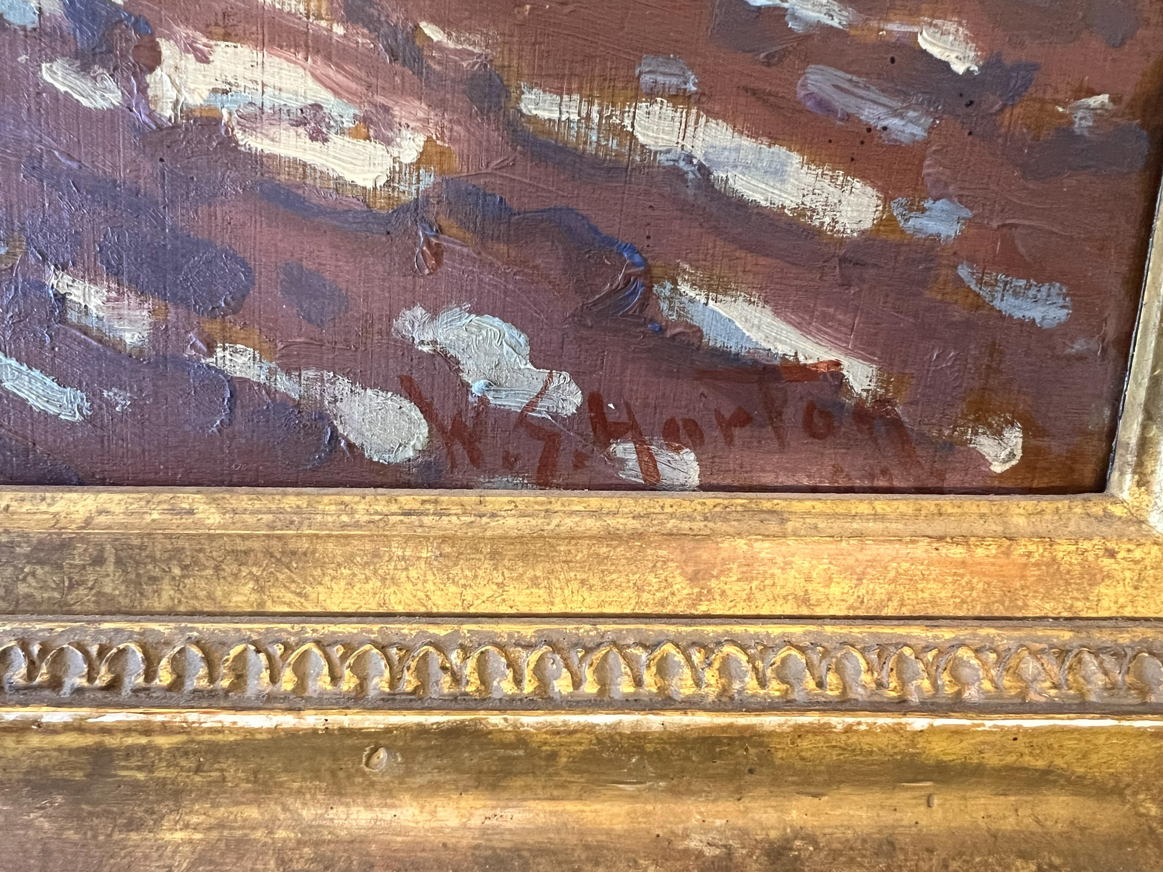 Fonte des neiges dans un champ labouré.  Peinture impressionniste américaine Scène d'hiver. - Marron Landscape Painting par William Horton