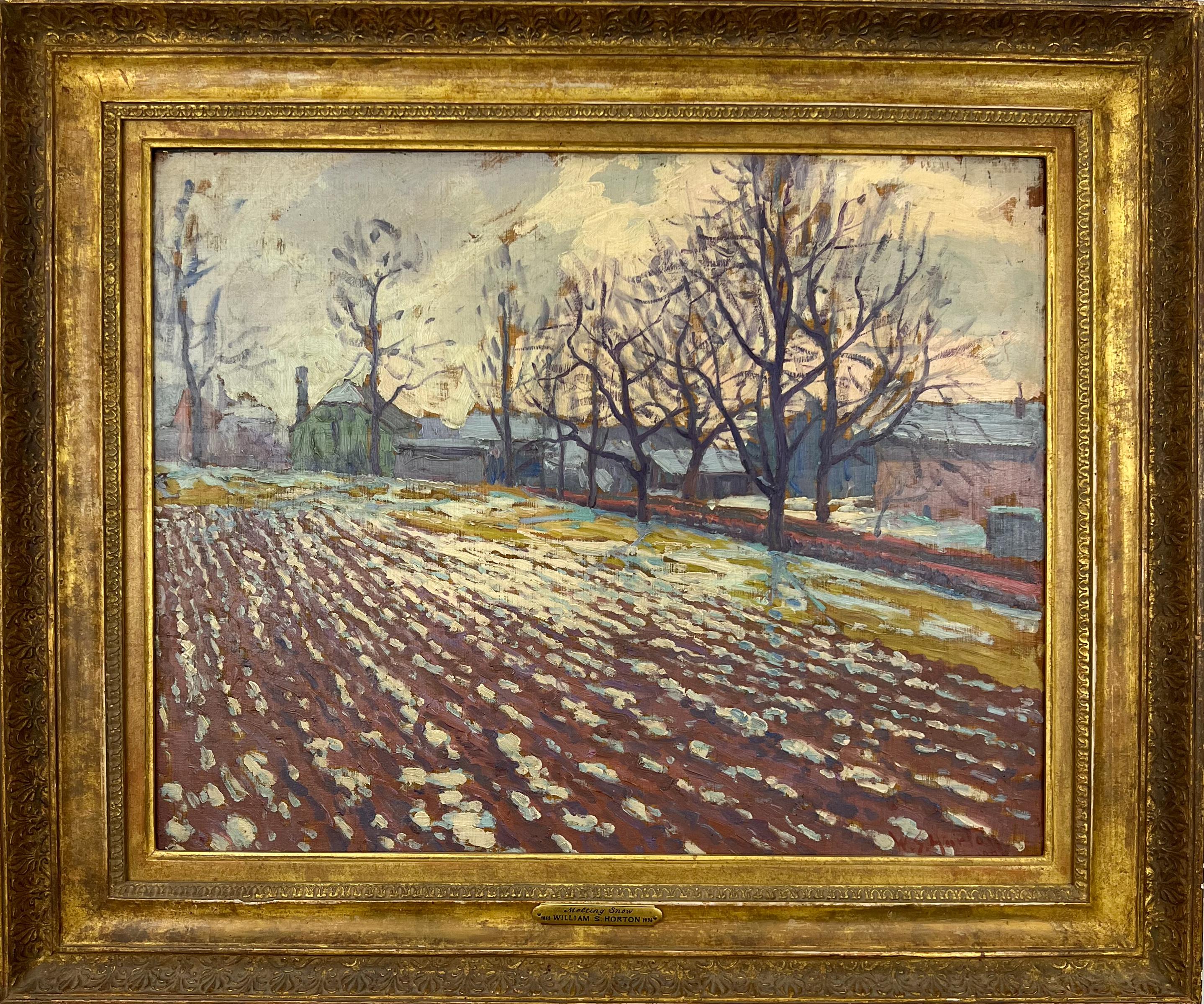 Landscape Painting William Horton - Fonte des neiges dans un champ labouré.  Peinture impressionniste américaine Scène d
hiver.