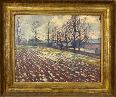 Fonte des neiges dans un champ labouré.  Peinture impressionniste américaine Scène d'hiver.