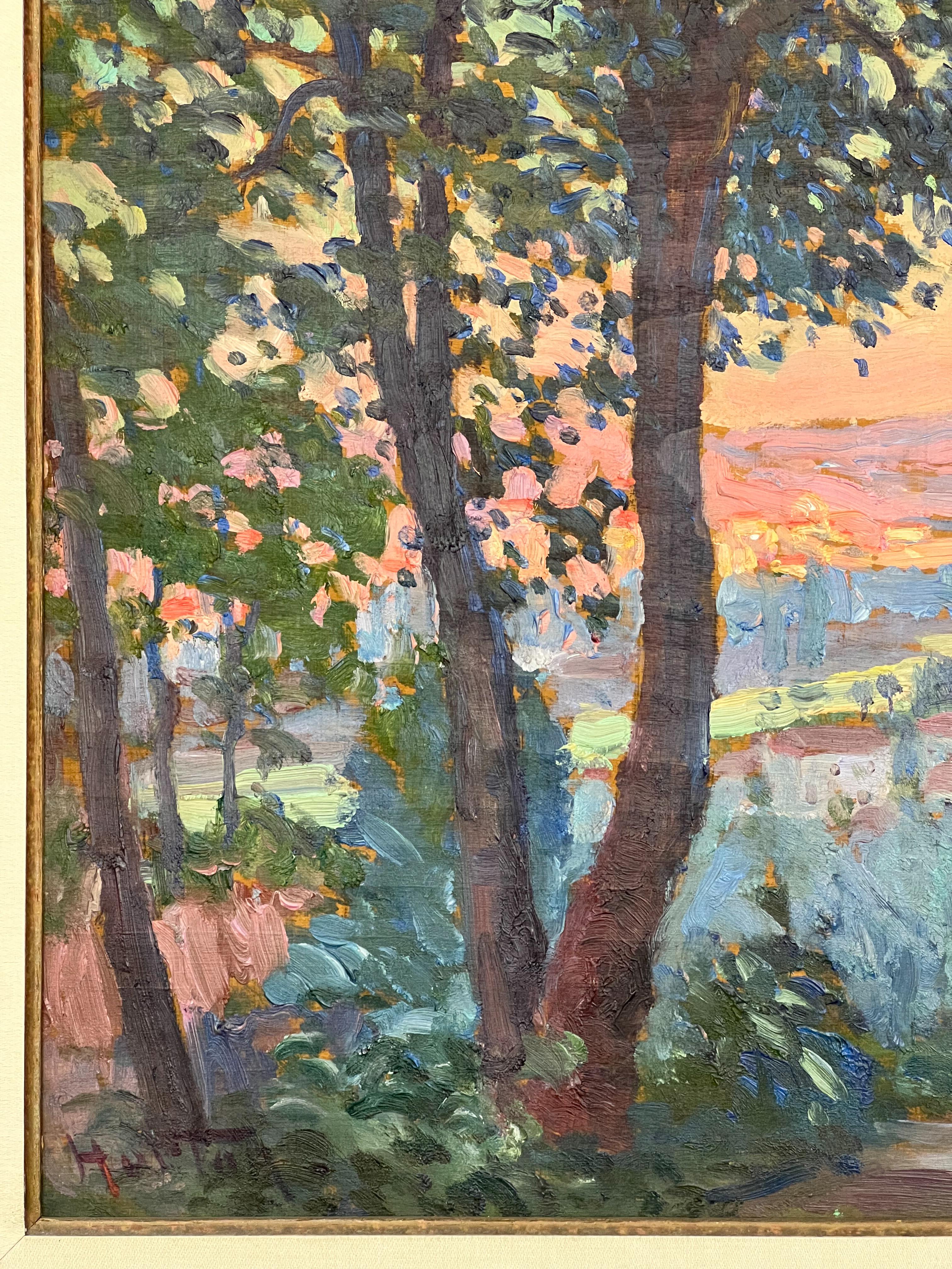 A lovely little Impressionist landscape of Paysage au Crépuscule (Landscape at Twilight) painted by William Samuel Horton (1856-1936).    William Horton, primarily a landscape painter, lived and worked for the majority of his career in Paris,  where