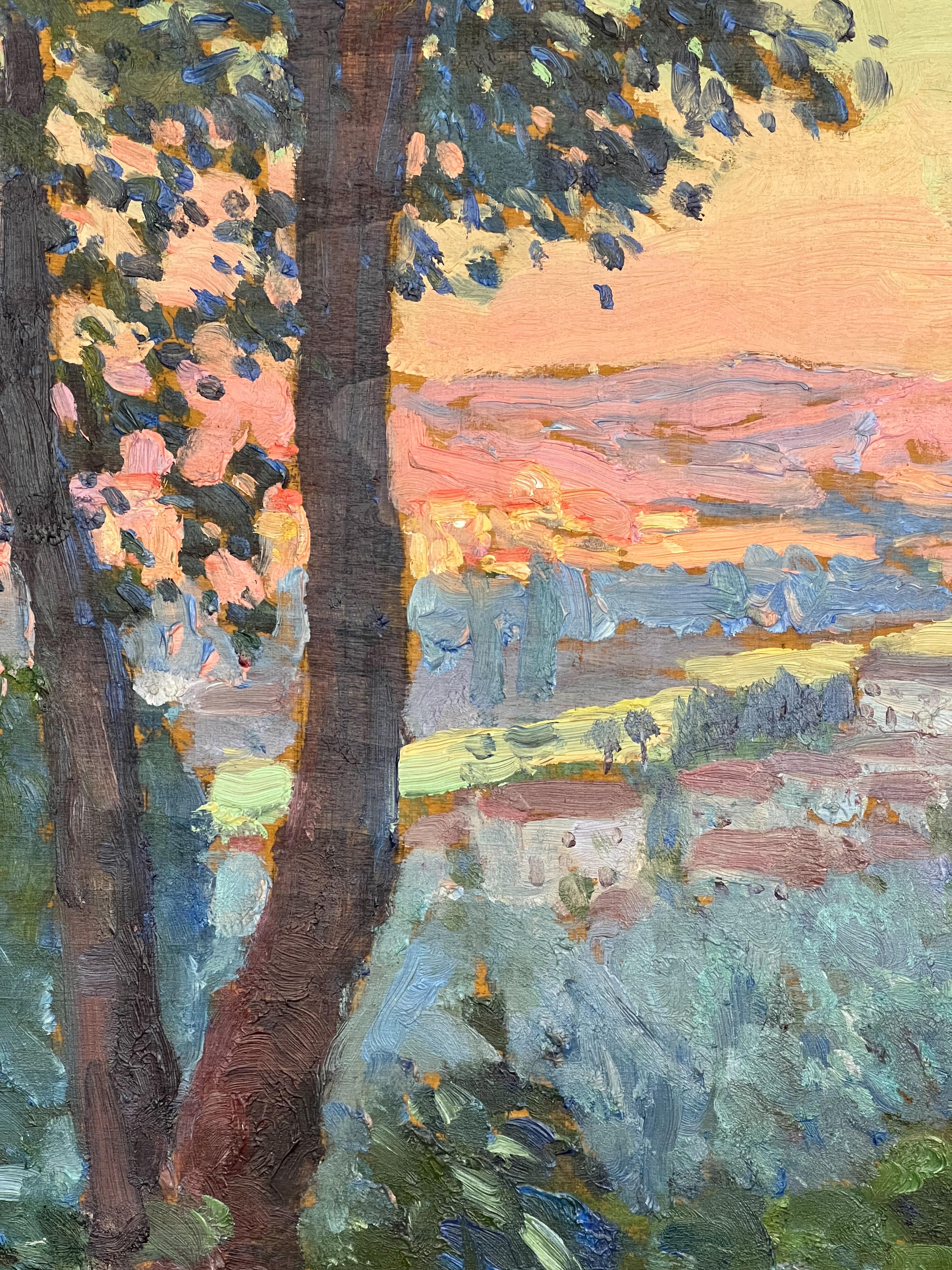 Paysage au Crépuscule - Original Impressionistic French Landscape Oil Painting. For Sale 1