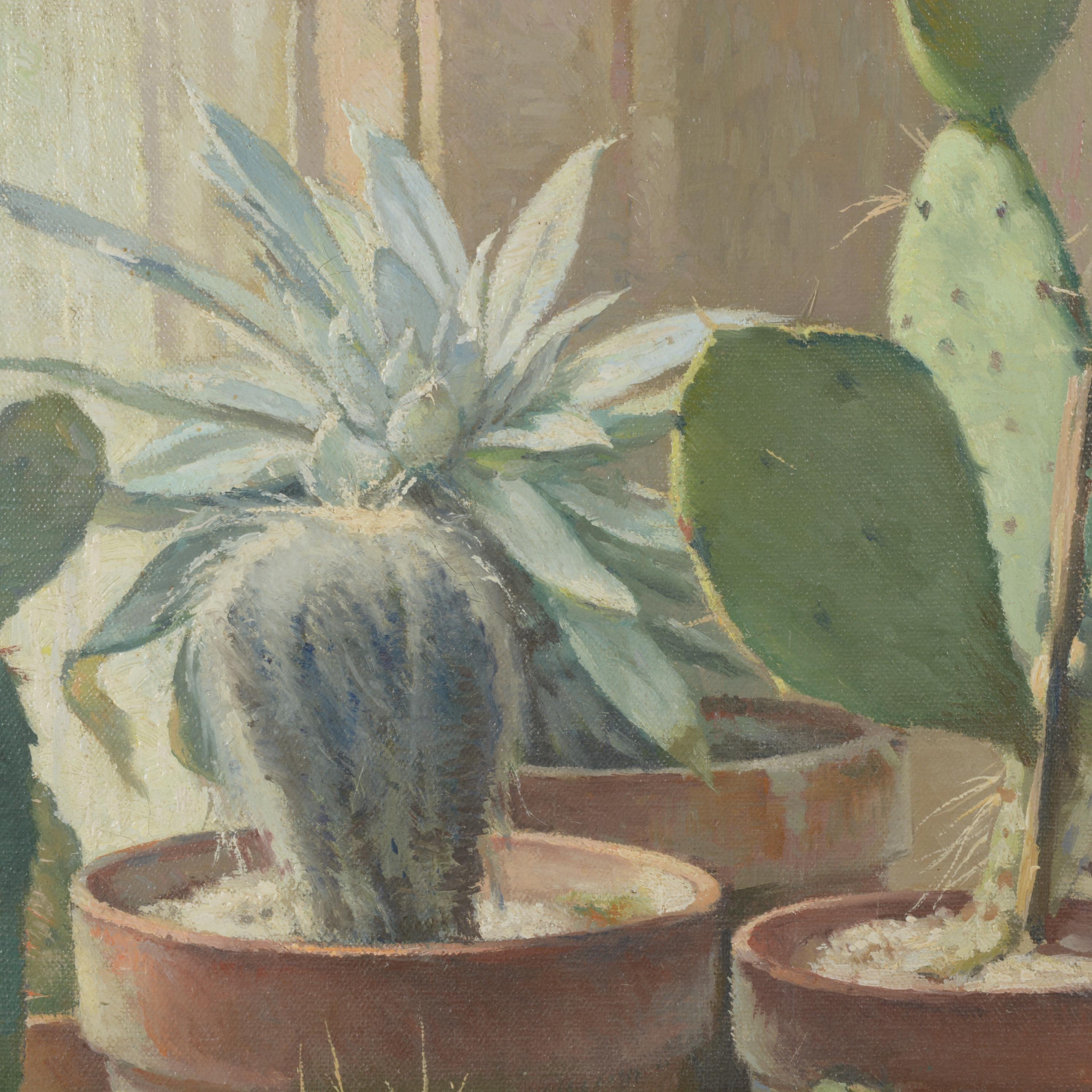 William Hubacek (American 1871-1958)
Cactus Plants
Oil on canvas
Signed and dated lower left: 'Wm. Hubacek 1946'
18.75in H x 15.5in L 
With a gilt frame: 21in H x 17.5in L
A Bay Area local, Hubacek is a highly competent painter of still lifes and