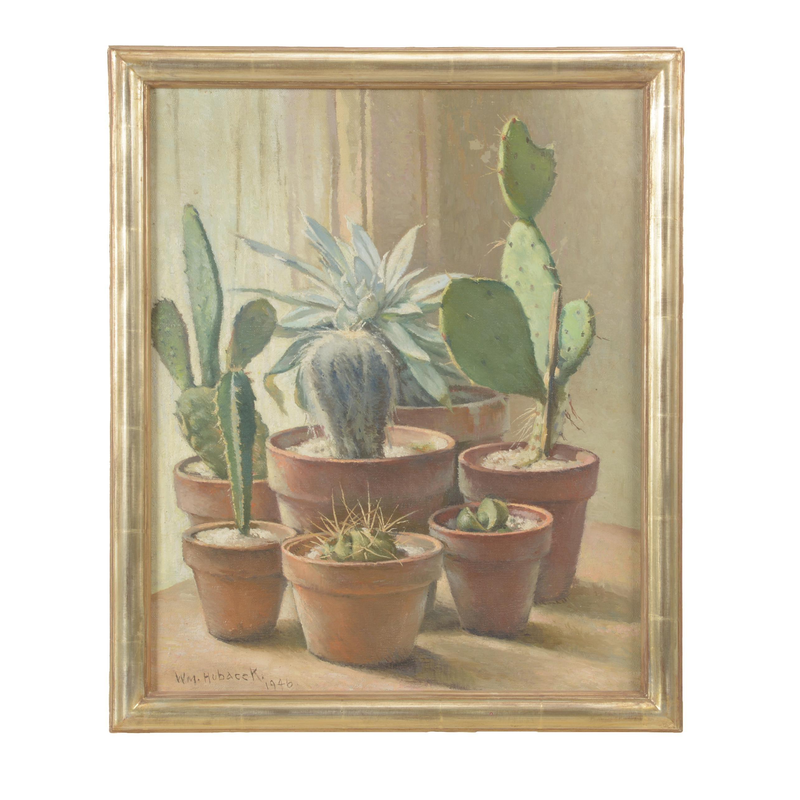 William Hubacek 'Cactus Plants' Still Life, Oil Painting