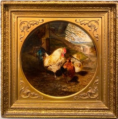Romantische Gemälde Hahne auf einem Bauernhof – Vogellandschaft, 19. Jahrhundert