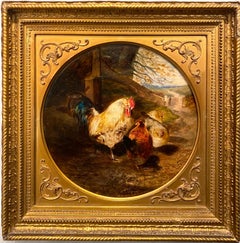 Antique 19th century romantic painting Roosters at a farm - bird countryside 