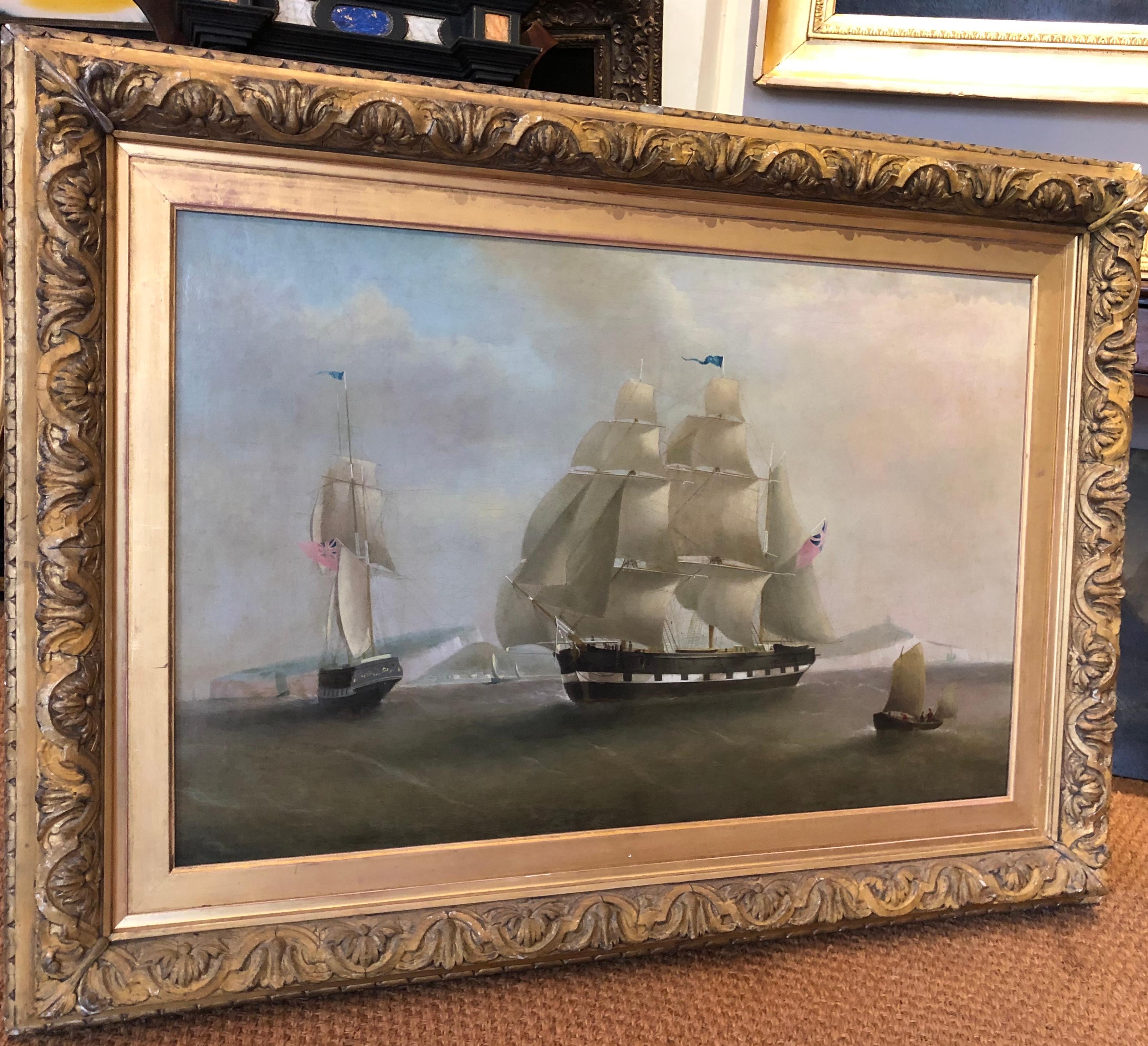 A Beautiful and Large Marine - A Ship in Two Positions Off Dover  - Painting by William John Huggins