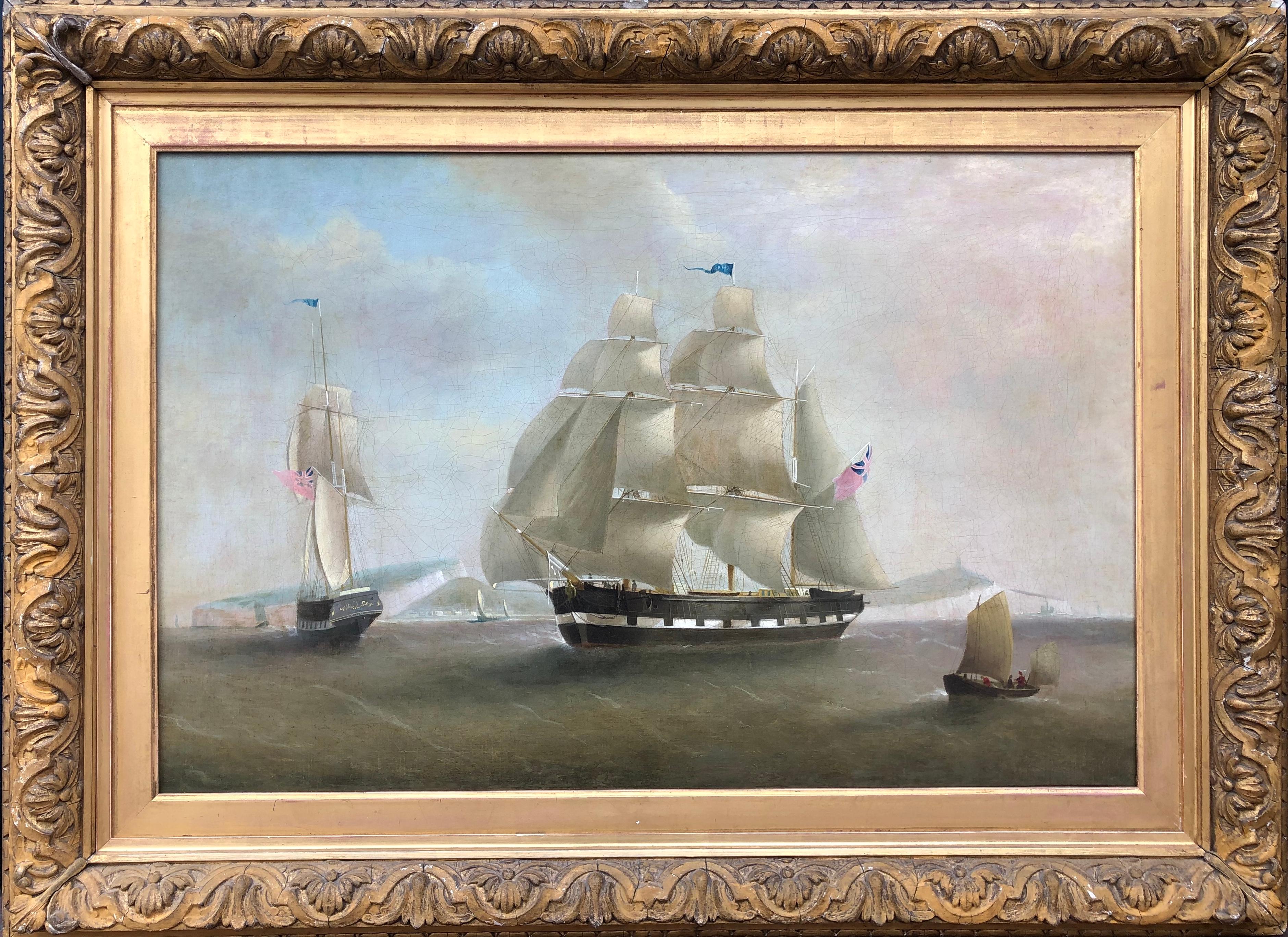 William John Huggins Figurative Painting - A Beautiful and Large Marine - A Ship in Two Positions Off Dover 