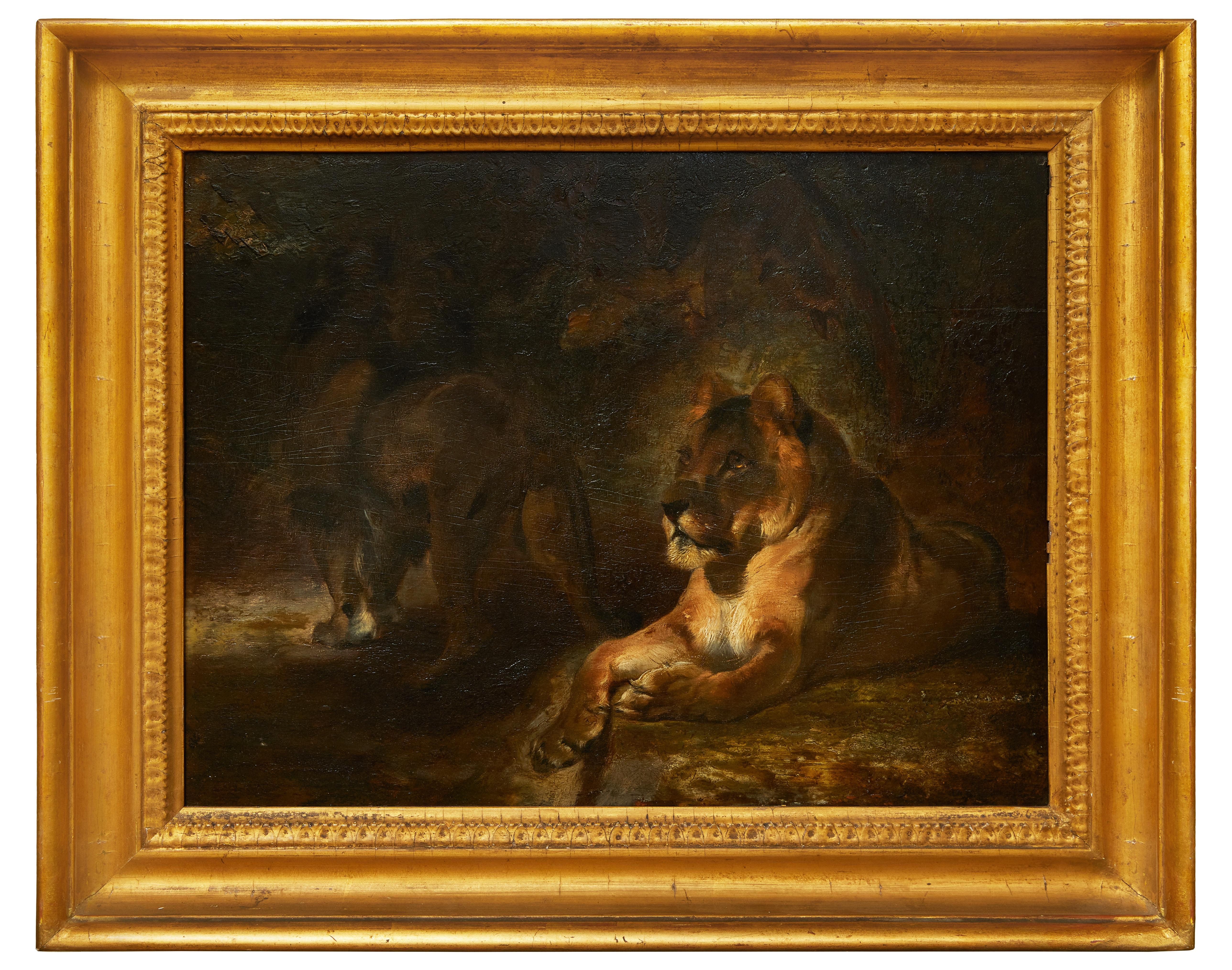 William Huggins Animal Painting – Ein Löwe und eine Löwe in einer Landschaft