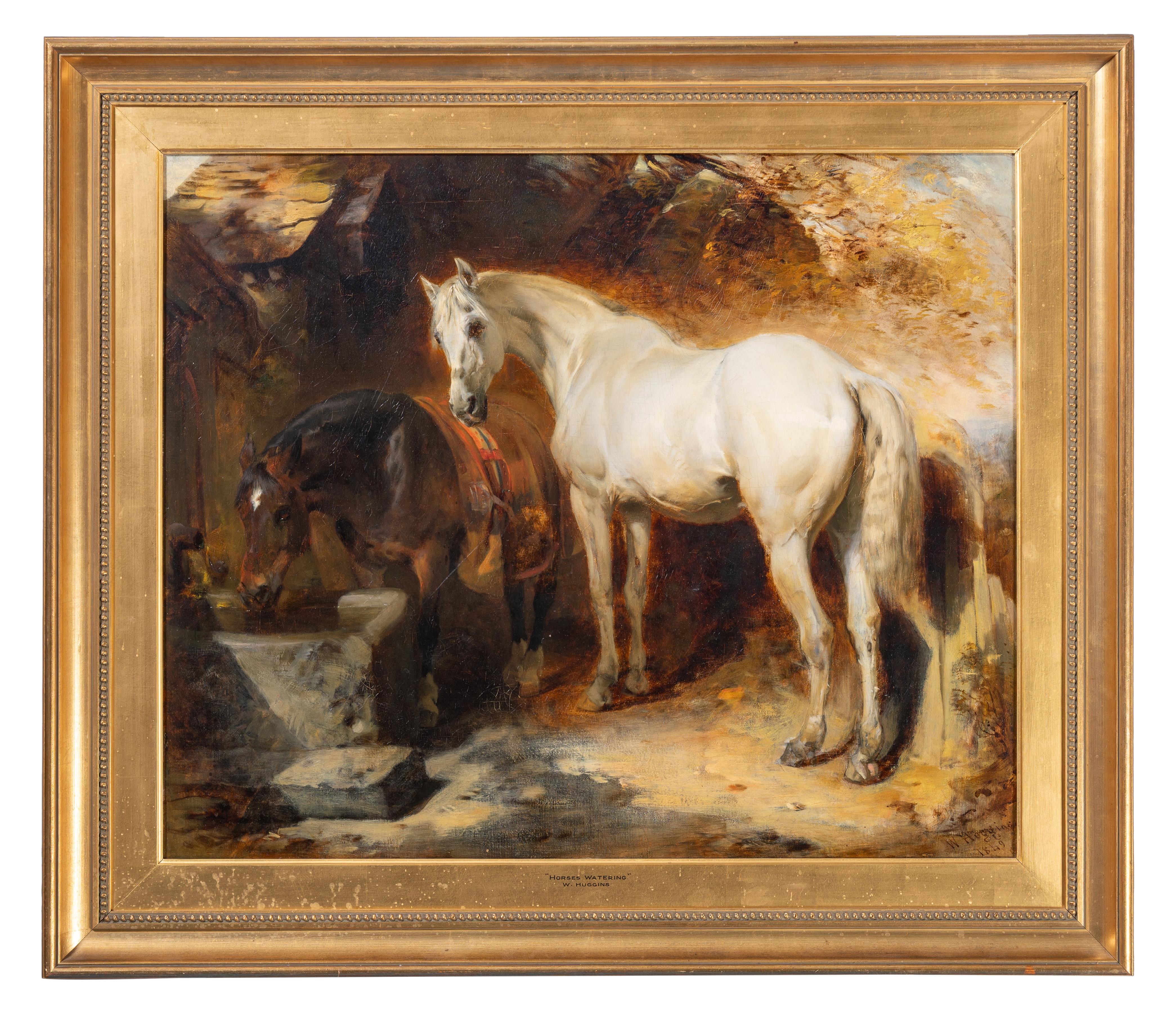 William Huggins Animal Painting – Pferde tränken