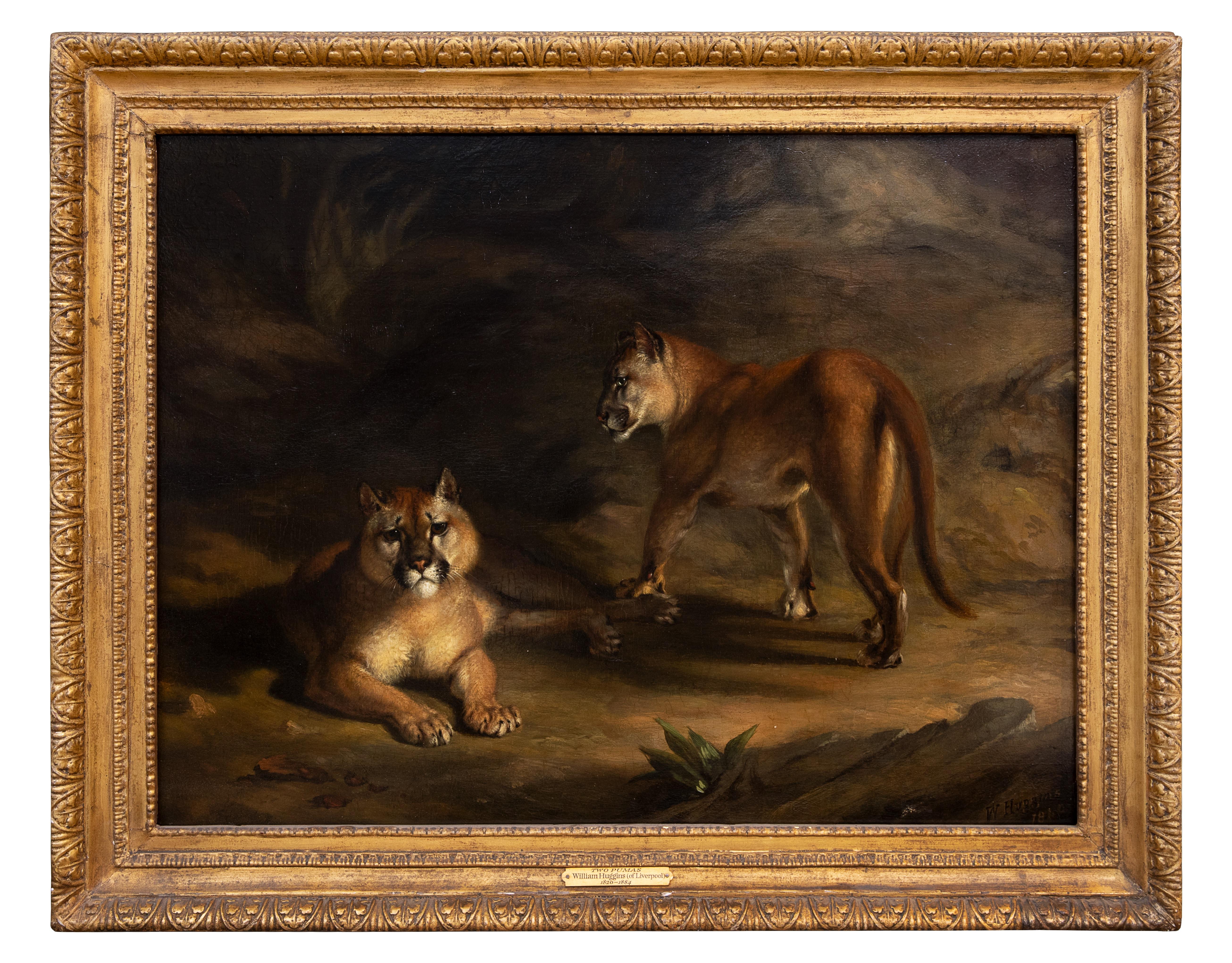 Two Pumas in a Landscape - Painting by William Huggins