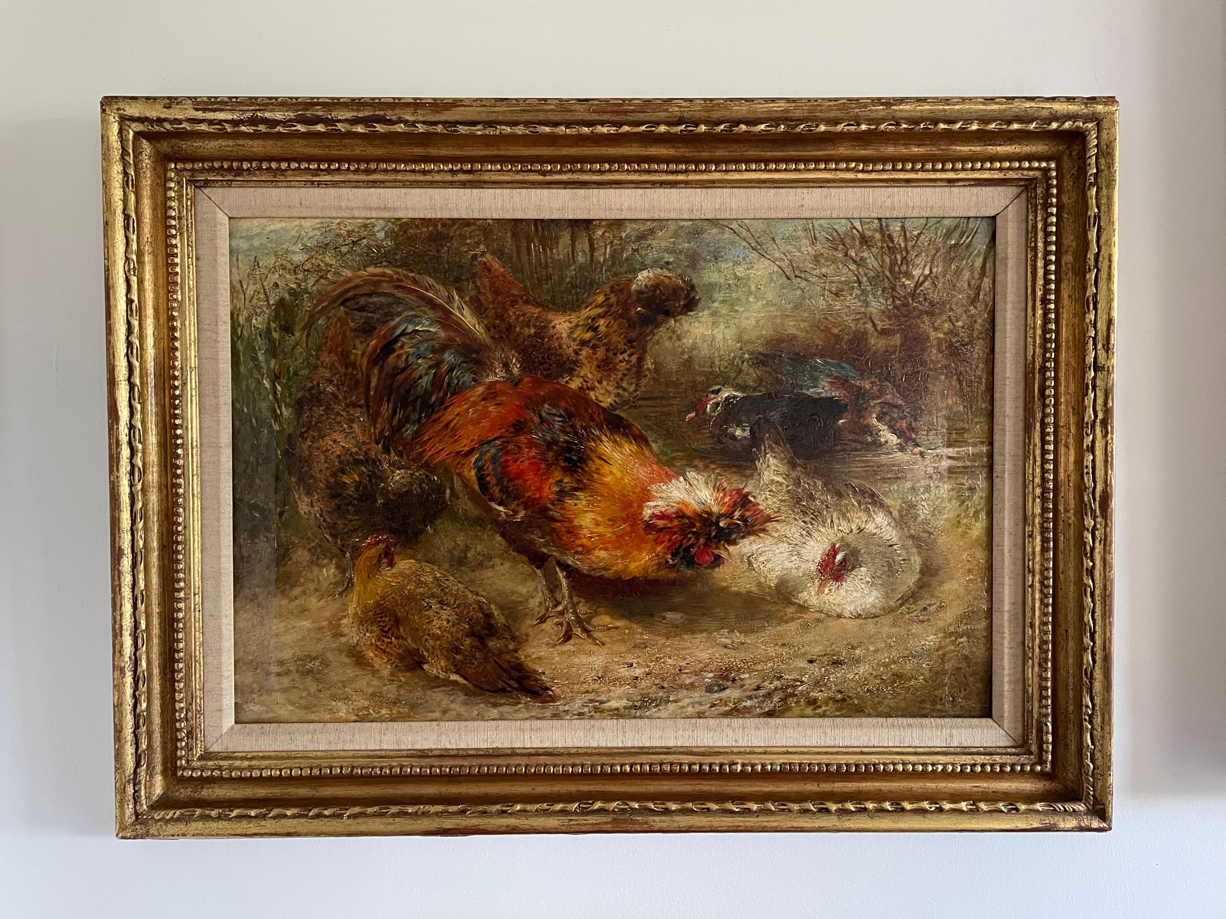 William Huggins - 19th Century British Oil painting of Hens and Cockerel For Sale 1