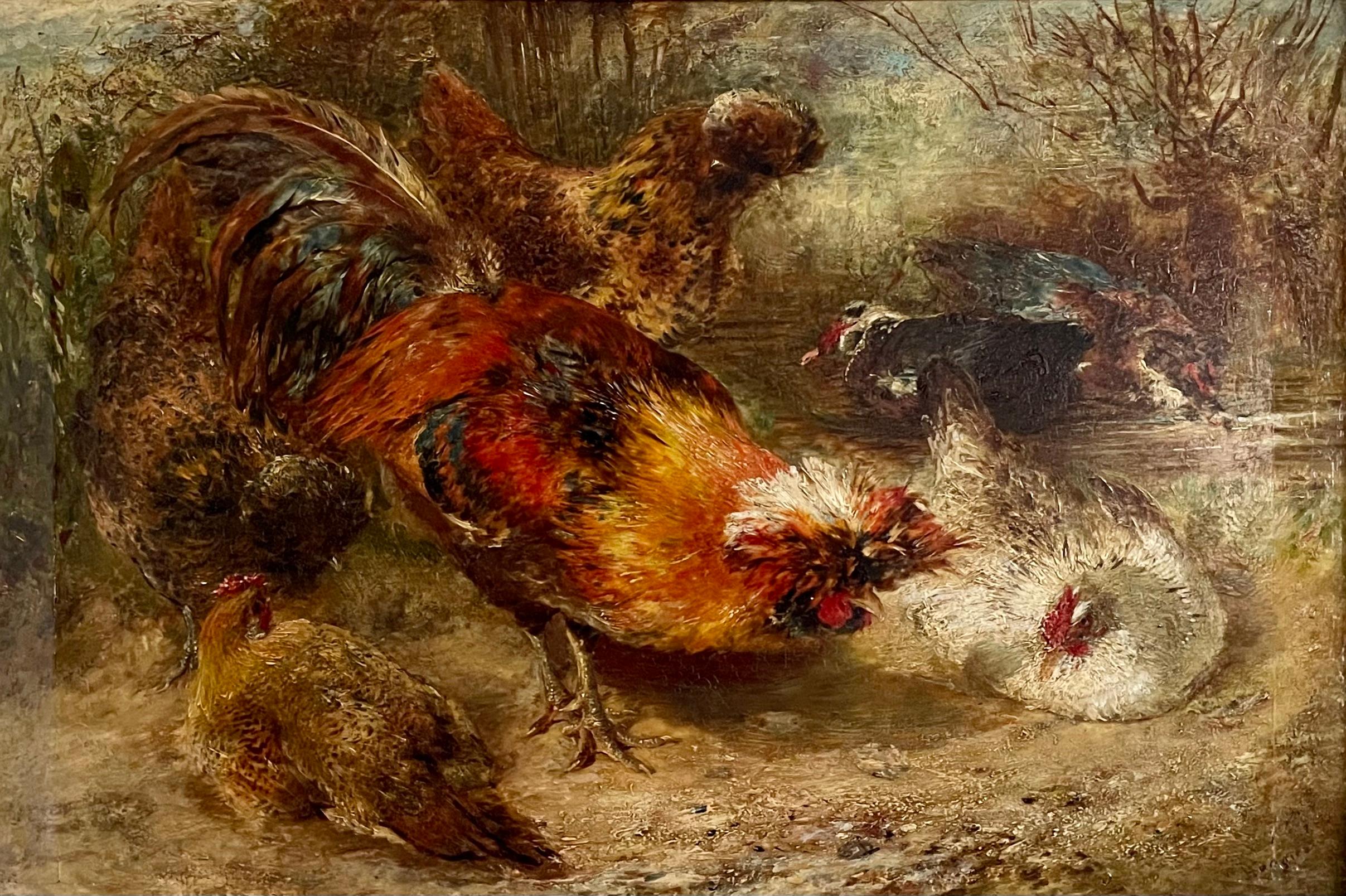 WILLIAM HUGGINS
(1820-1884)

Cockerel and Hens

Signed and dated l.r.: W Huggins 1880
Oil on board
Framed

31 by 46 cm., 12 ¼ by 18 in.
(frame size 44.5 by 59.5 cm., 17 ½  by 23 ½ in.)

Huggins was born in Liverpool and studied at the Liverpool