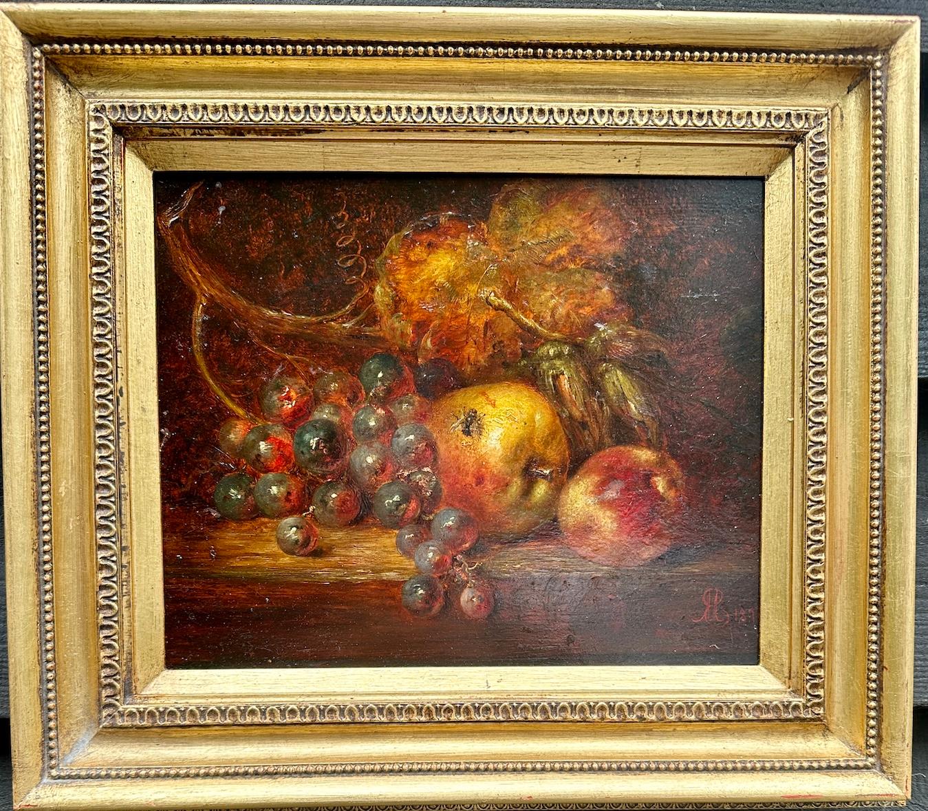 Nature morte anglaise du XIXe siècle représentant des pommes, des raisins et des insectes sur une corniche de jardin