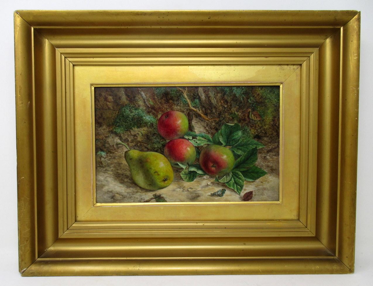 An exceptionally fine quality example of a pair of framed Still Life of fruits Oil Paintings on Artists board by well documented English Artist William Hughes, third quarter of the Nineteenth Century. Complete with good giltwood frames, one is