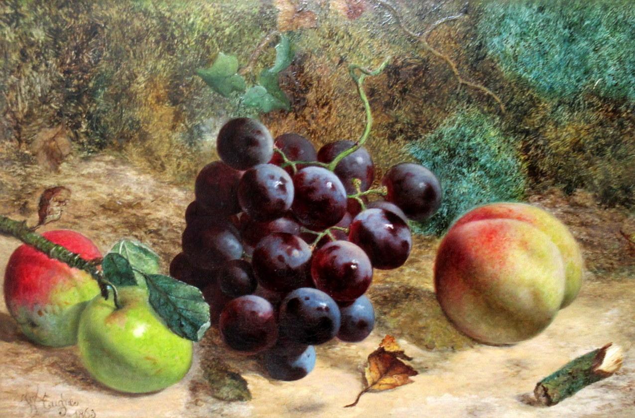 Anglais William Hughes Nature morte aux fruits Huile sur panneau Peinture anglaise 1863 Cadre doré en vente