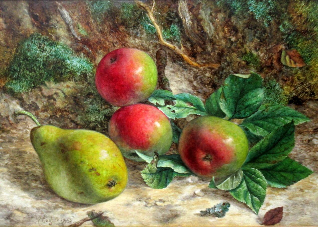 Victorian William Hughes Still Life Fruits Oil on Board English Painting 1863 Gilt Frame   For Sale