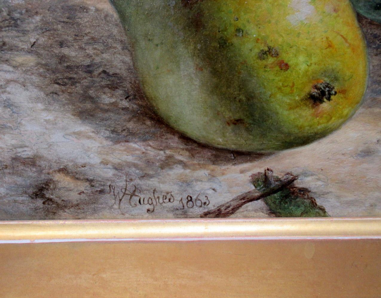 XIXe siècle William Hughes Nature morte aux fruits Huile sur panneau Peinture anglaise 1863 Cadre doré en vente