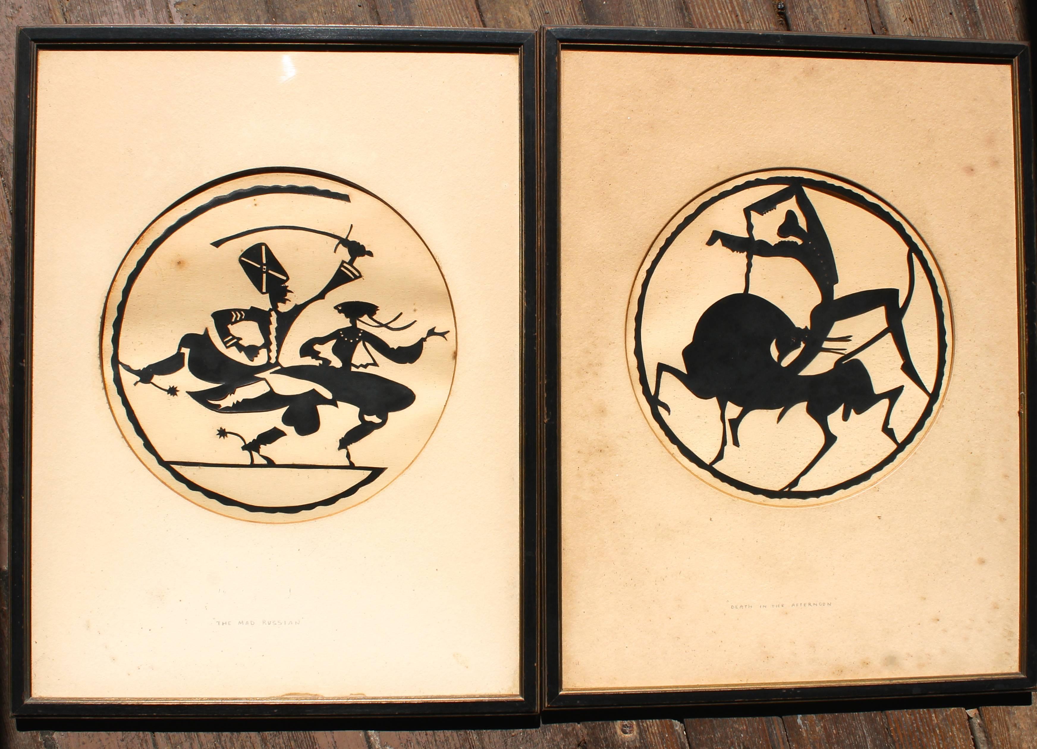 A rare pair of original hand cut silhouettes by the Hungarian-American deco sculpture Wilhelm Hunt Diederich, circa 1925. In period frames (unexamined out of frames), titles annotated in pencil on the circular cut mattes- 