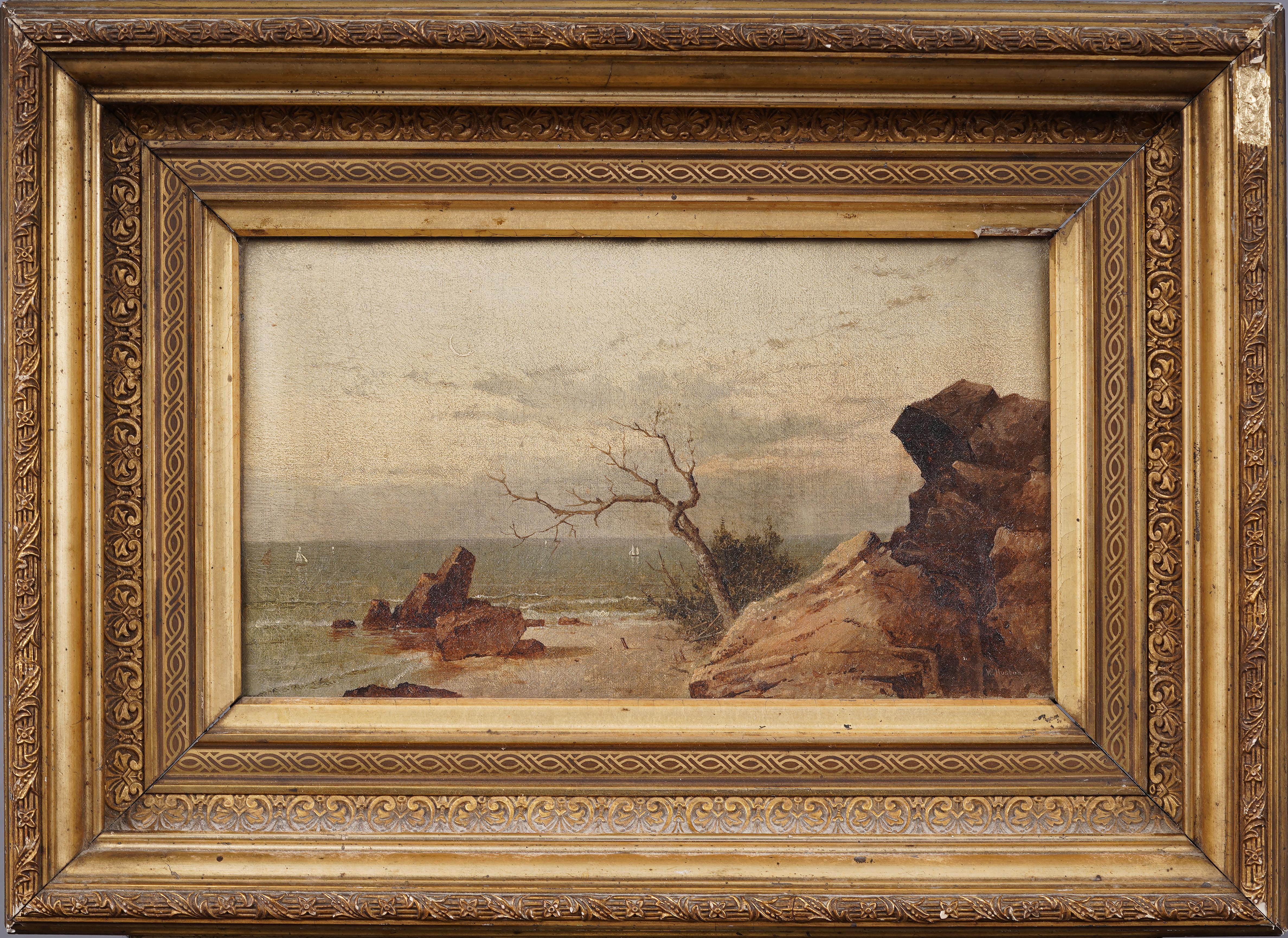 Antico dipinto ad olio della scuola americana del fiume Hudson, paesaggio costiero sulla spiaggia - Painting di William Huston