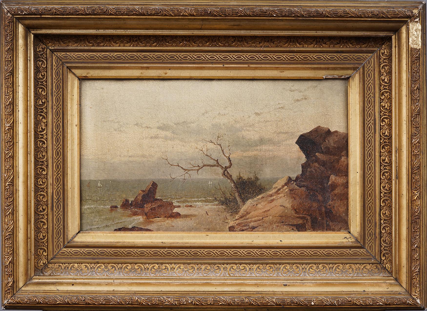 Antico dipinto ad olio della scuola americana del fiume Hudson, paesaggio costiero sulla spiaggia - Painting Hudson River School di William Huston