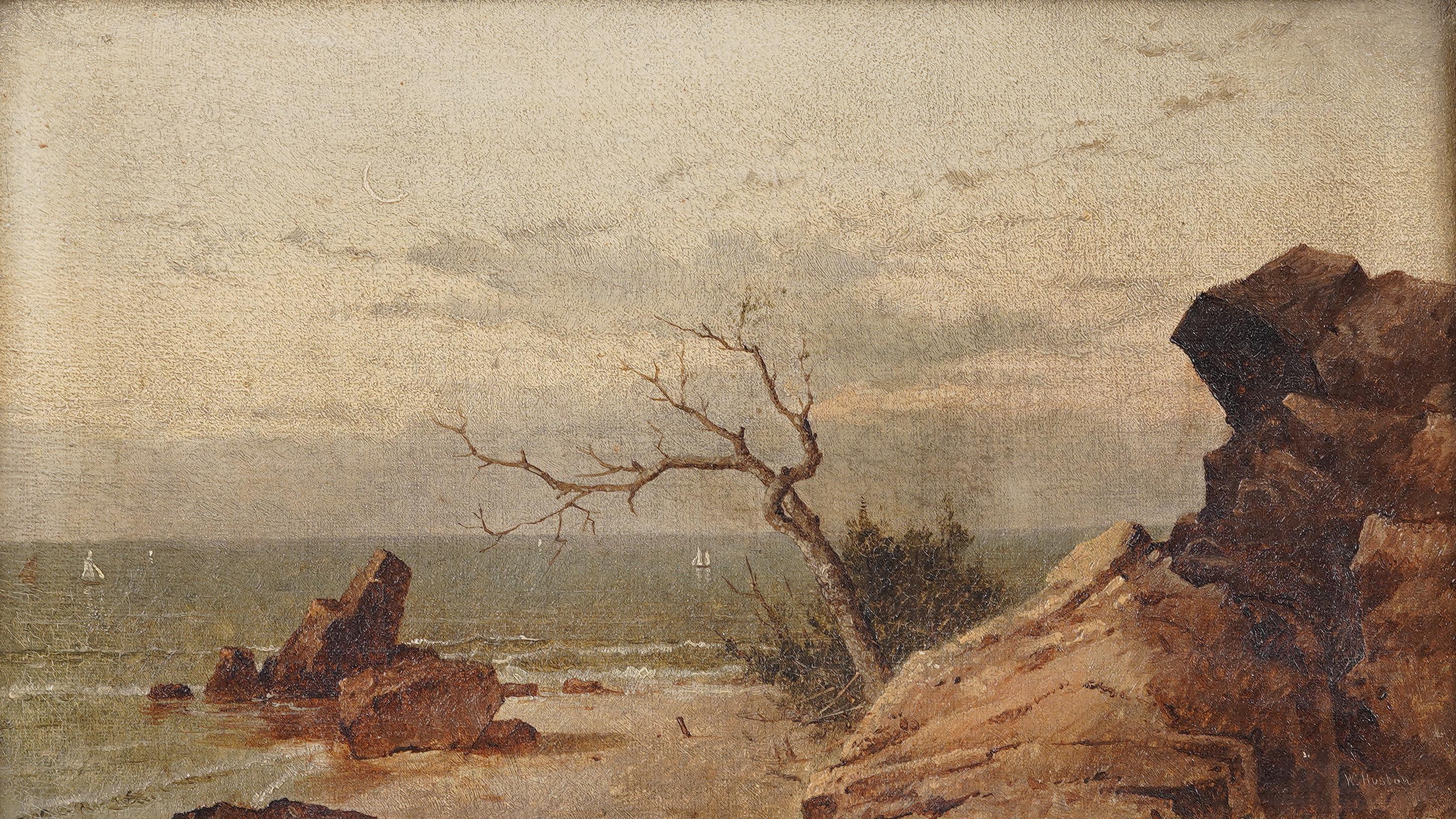 Antico dipinto ad olio della scuola americana del fiume Hudson, paesaggio costiero sulla spiaggia - Landscape Painting Marrone di William Huston