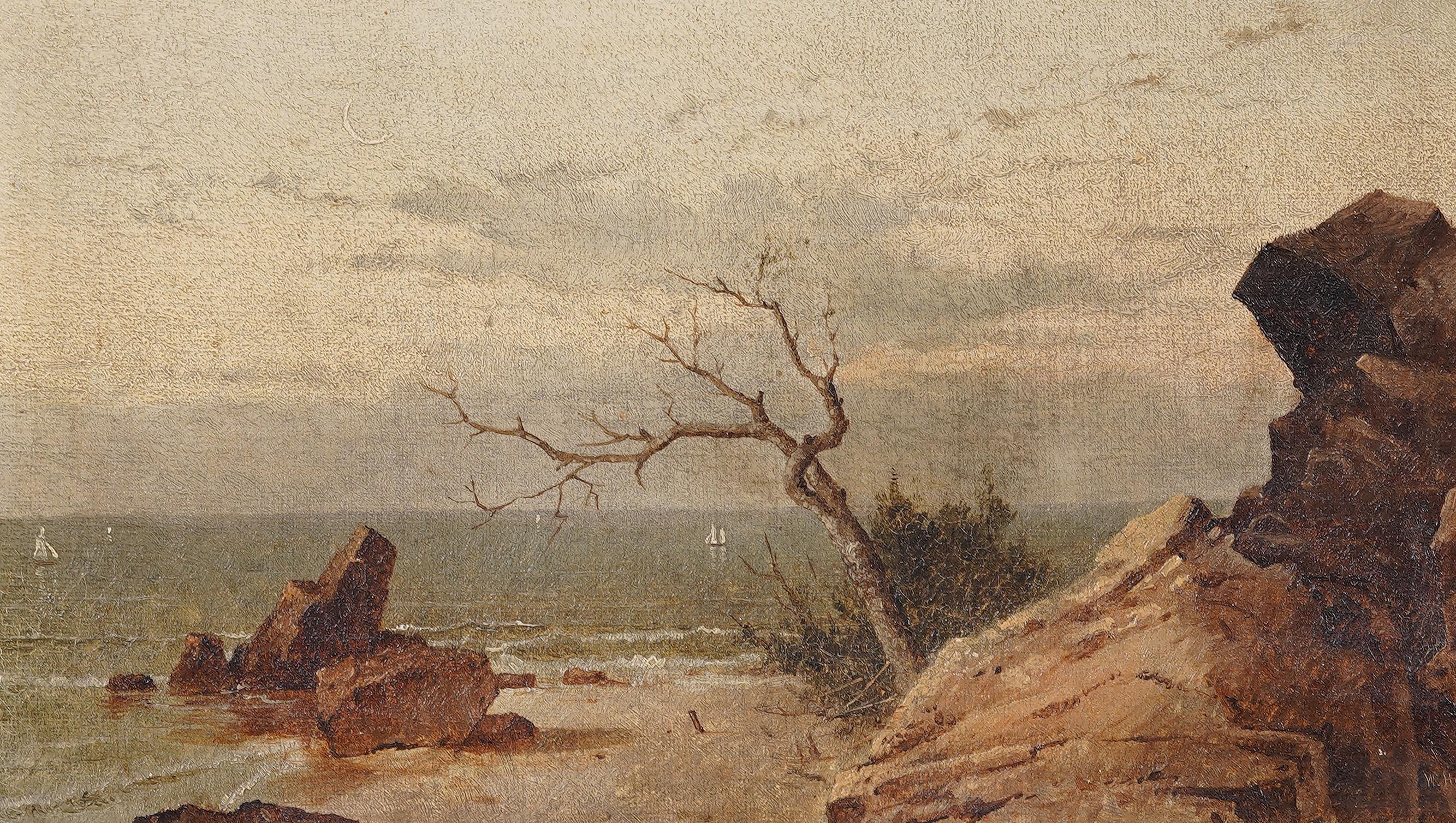 Antico dipinto ad olio della scuola americana del fiume Hudson, paesaggio costiero sulla spiaggia in vendita 1