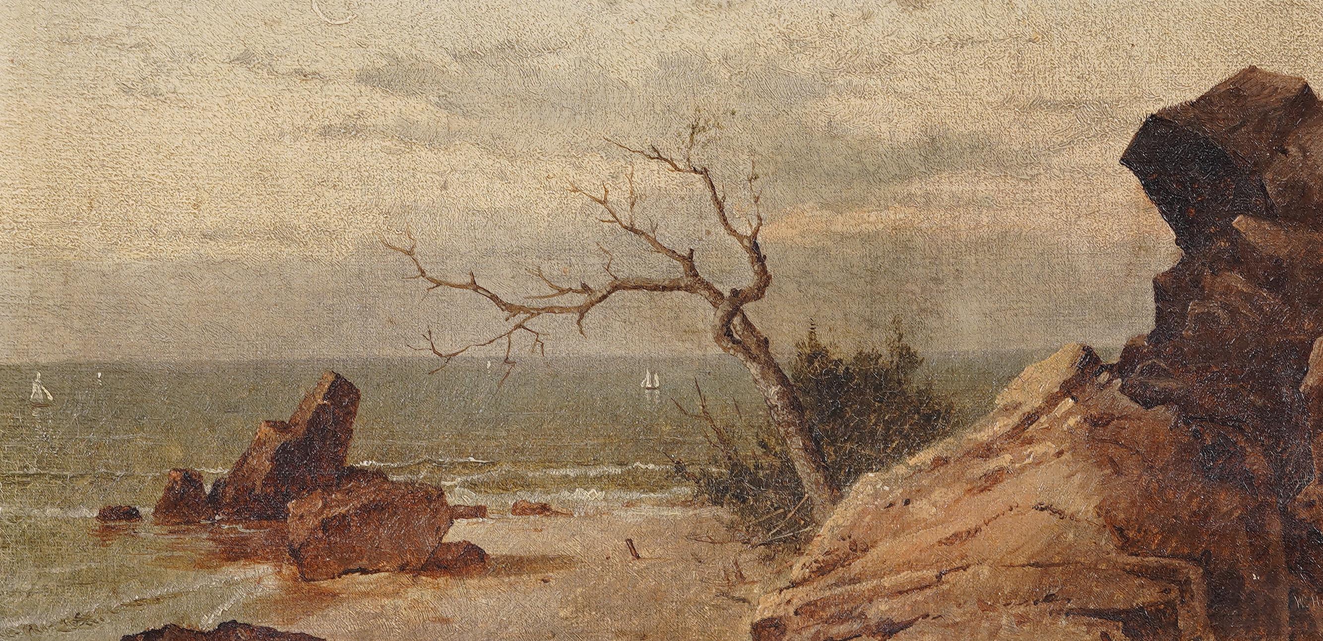 Antico dipinto ad olio della scuola americana del fiume Hudson, paesaggio costiero sulla spiaggia in vendita 2